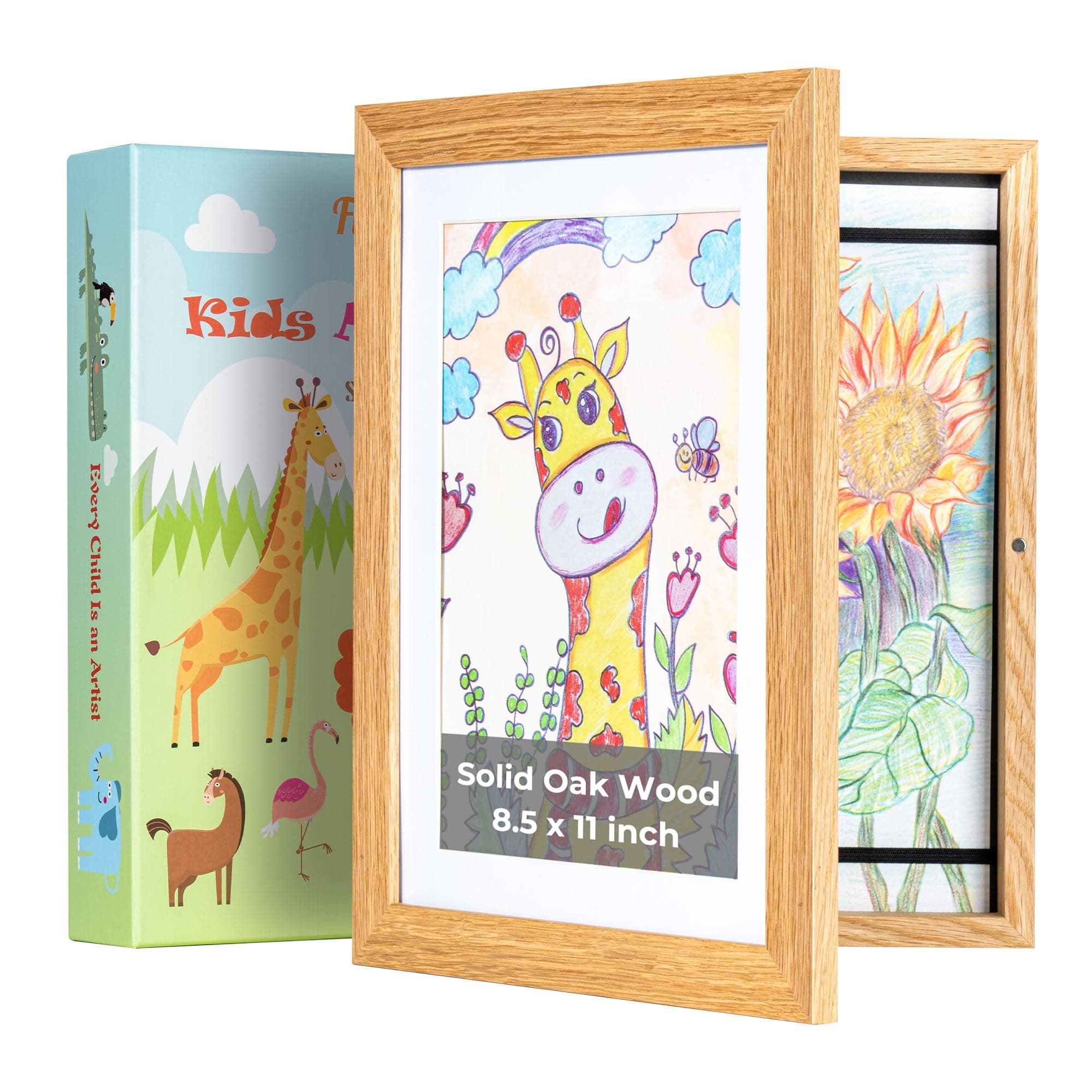 Kids Art Frames, 8.5x11 Front Opening Kids Artwork Frames Changeable, Solid Oak Wood Artwork Display Storage Frame for Wall, Holds 50 Pcs, for 3D Picture, Crafts, Hanging Art, Portfolio