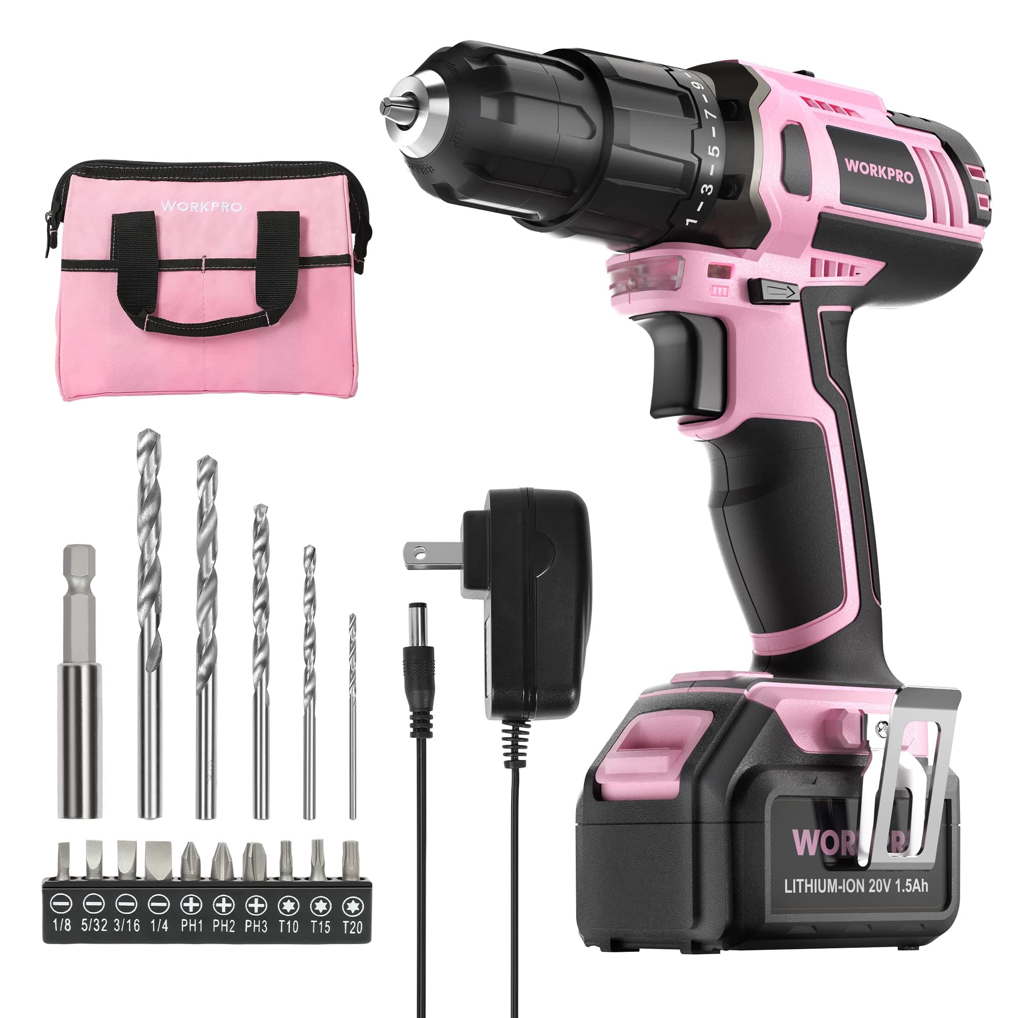 WORKPRO Pink Cordless 20V Lithium-ion Drill Driver