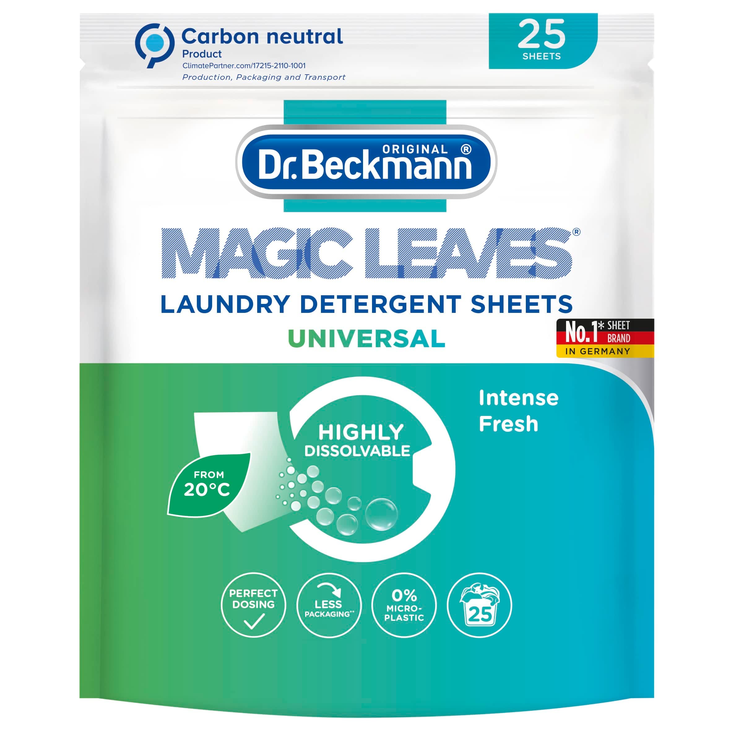 Dr. Beckmann MAGIC LEAVES Laundry Detergent Sheets, 25 Universal Sheets | Convenient and Pre-Dosed Laundry Detergent | Dissolvable & Climate Neutral