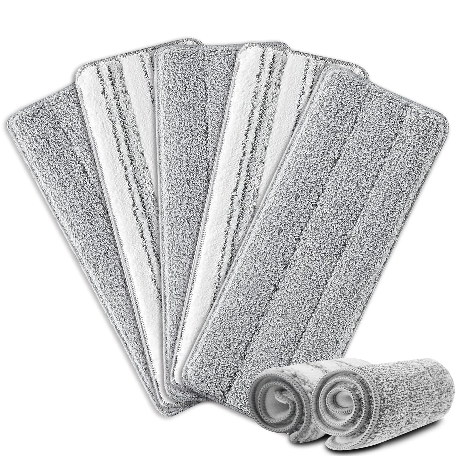 Flat Mop Pads, 5 Pack 13" X 4.9" Flat Mop Microfiber Mop Head/Refill/Pad, Washable Squeeze Cleaning Mop Pads Replacement Heads - White and Grey…