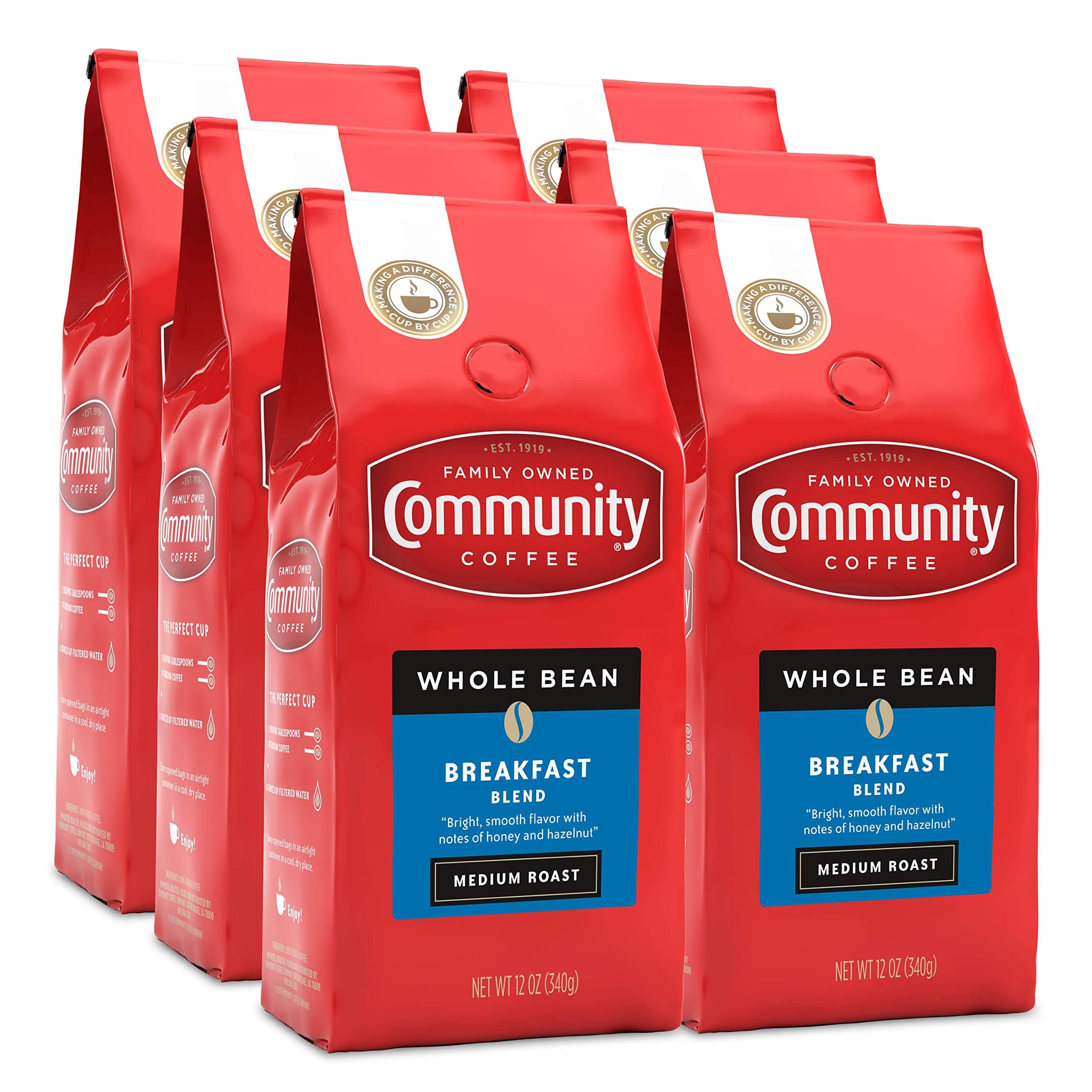 - Community Coffee Breakfast Blend Whole Bean Coffee, Medium Roast, 72 Ounce (12 Ounce Bags, Pack of 6)