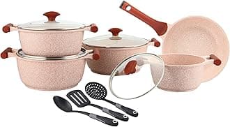 Prestige Essentials Granite 12 Piece Non-Stick Cast Aluminium Cookware sets |Induction Compatible Pots and Pans Set | Pink - PR80964