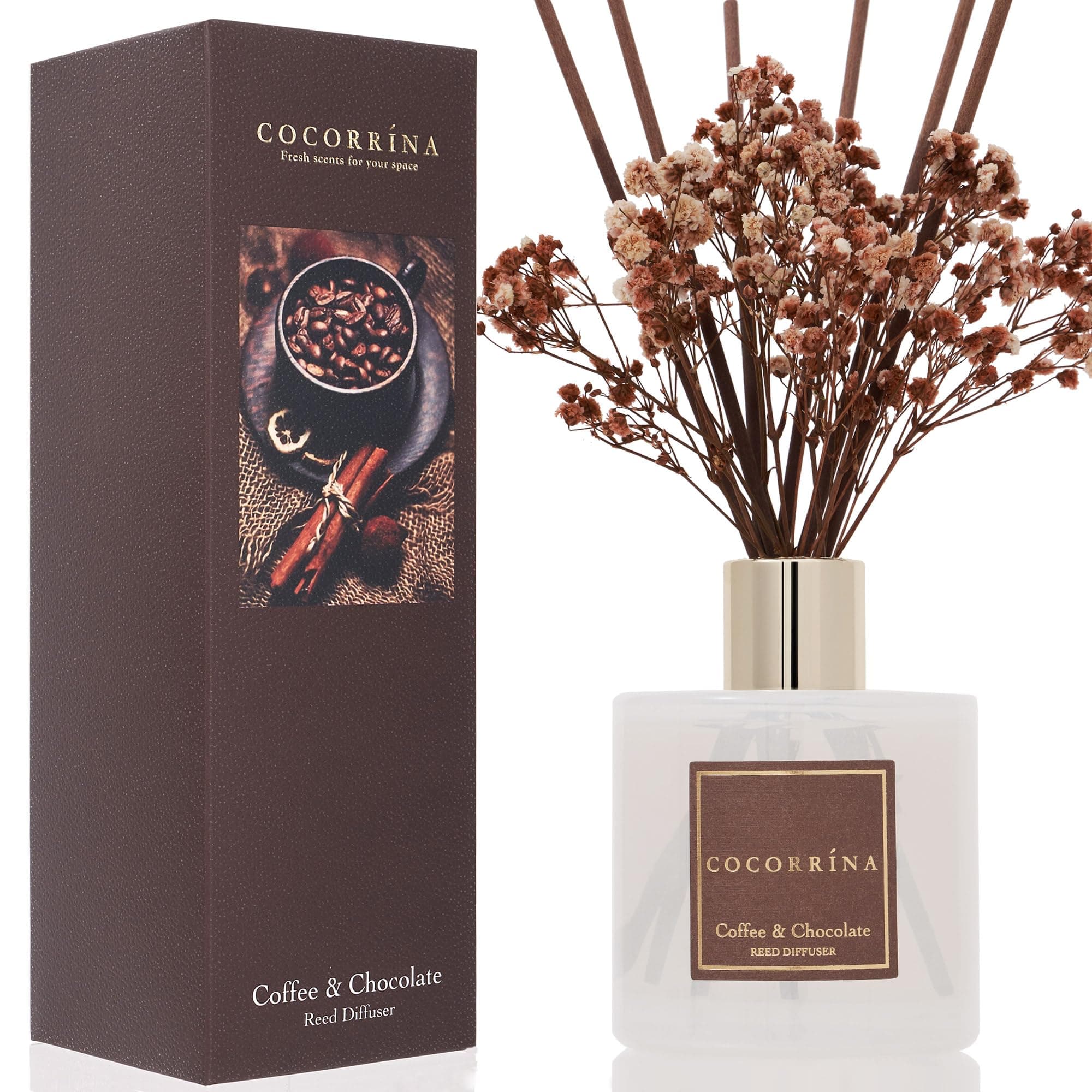 Cocorrína Reed Diffuser Sets - Coffee & Chocolate Scented Diffuser with Sticks Home Fragrance Reed Diffuser for Bathroom Shelf Decor
