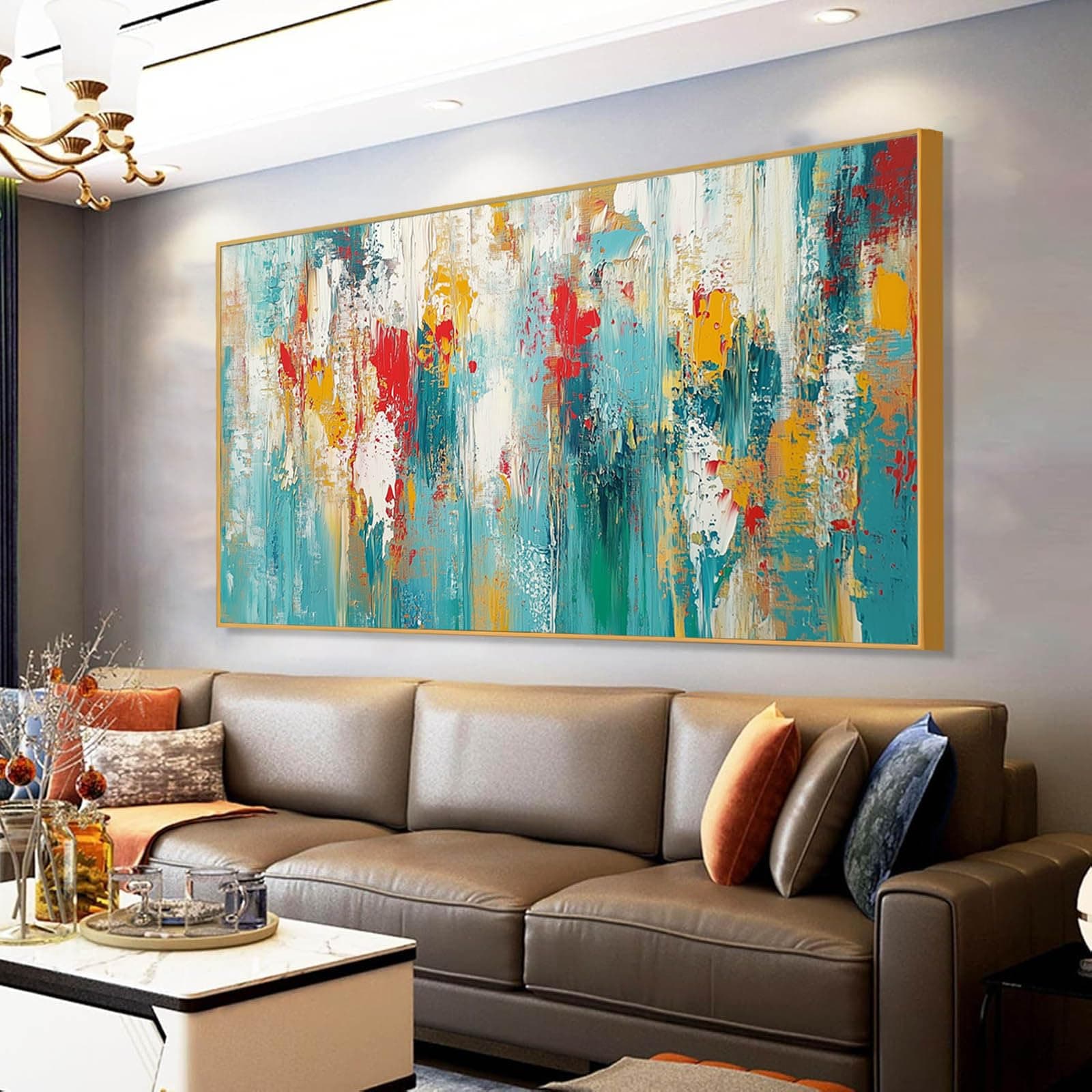 Extra Large Abstract Painting on Canvas, Abstract Wall Decor, Blue Gold Wall Art, Textured Style Artwork, Abstract Print Art, Modern Canvas Art Wall Decor, Wall Decor Office Living Room (Gold Frame, 36"x20"|92x52cm)