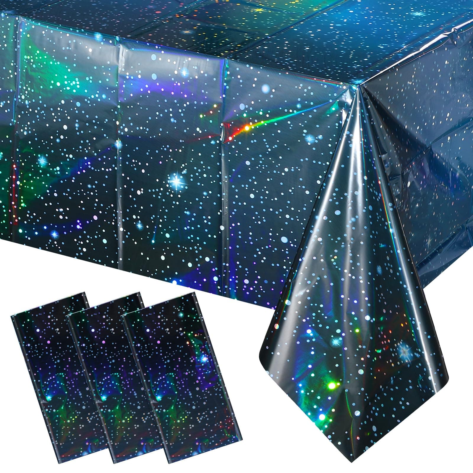 3Pcs Iridescent Space Tablecloths, Disposable Plastic Blue Galaxy Table Cloth Rectangle Table Covers for Space Starry Night Star Theme Party Birthday Party Decorations, 54x108 Inch