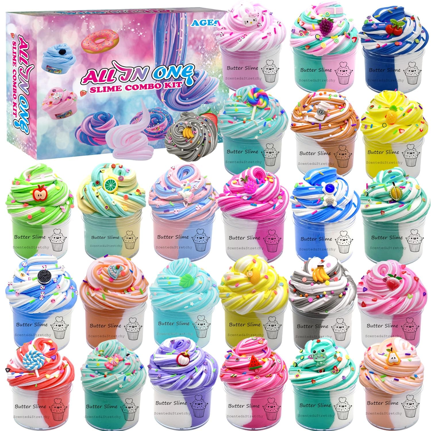 Slime Set Butter Slime Kit 24 Packed Two-Toned Containers, Assorted Colors and Designs，Soft and Bouncy Non-Sticky Slime Party Gifts for Girls and Boys