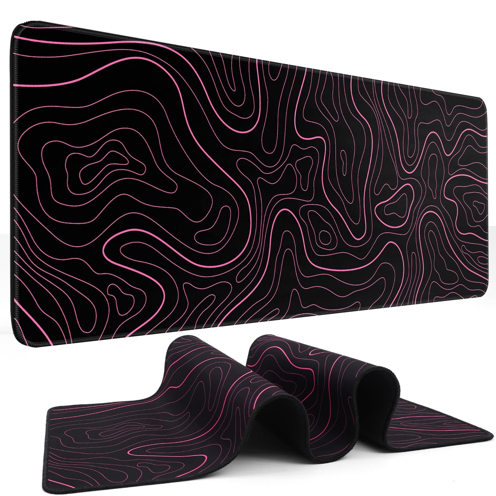 Mouse Pad Gaming Mousepad 31.5 x 11.8 in Large Mouse Pad for Keyboard and Mouse with Anti-Slip Rubber Base, Keyboard Pad XL Mouse Mat for Home and Office(Black with Red Topographic Line)