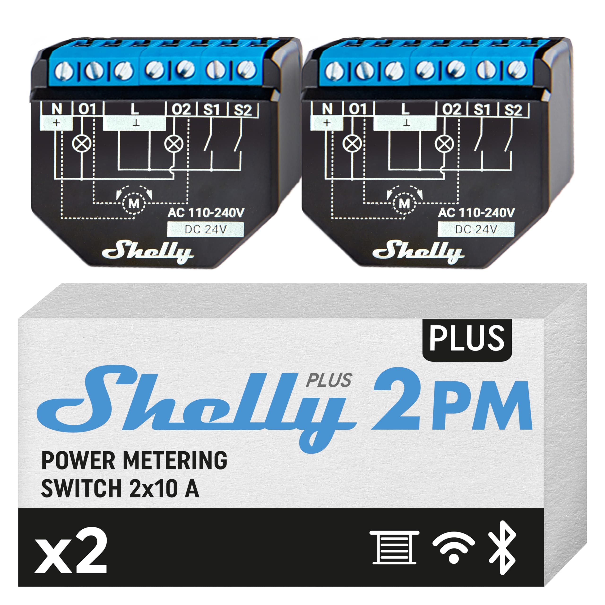 Shelly Plus 2PM | WiFi & Bluetooth 2 Channels Smart Relay Switch | Shutter Switch with Power Consumption Measurement | Home Automation | Google Home Alexa Accessories | iOS Android App (Pack of 2)