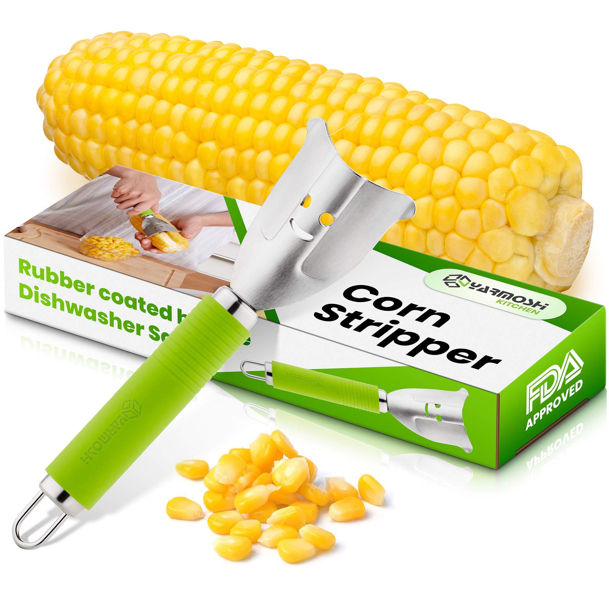 Yarmoshi Corn Stripper, Peeler, Corn on the Cob Zipper Tool to Remove Kernels - Stainless Steel with Rubber Coated, Non-Slip Ergonomic Handle for Extra Comfort - 7.5 x 2.2 Inches. Kitchen Gadget
