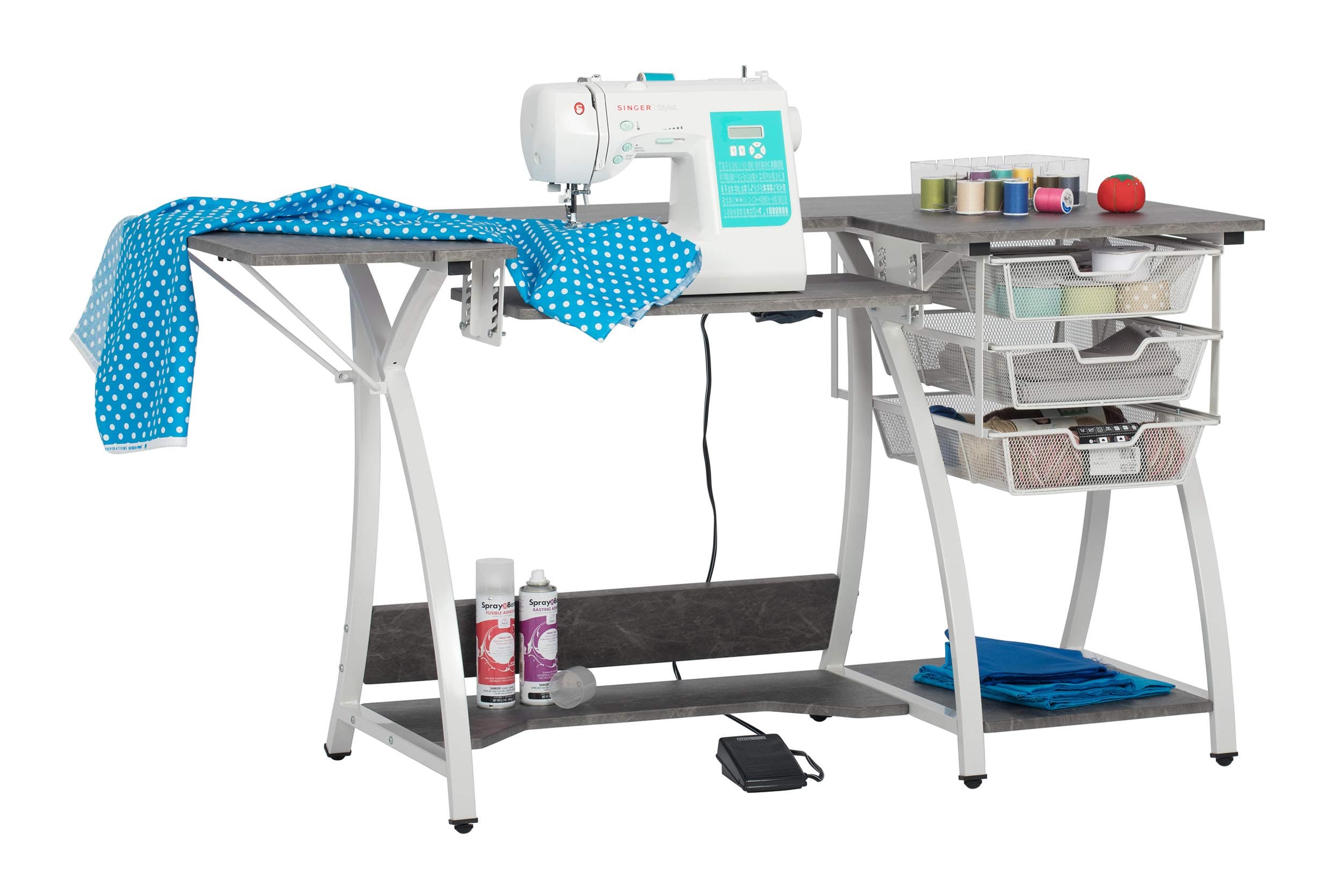 Sew Ready Pro Stitch Sewing Machine Table with Wire Mesh Drawers, Desk for Hobby, Craft Table and Computer Desk, Home Office in White/Cement Gray, 56.75" W