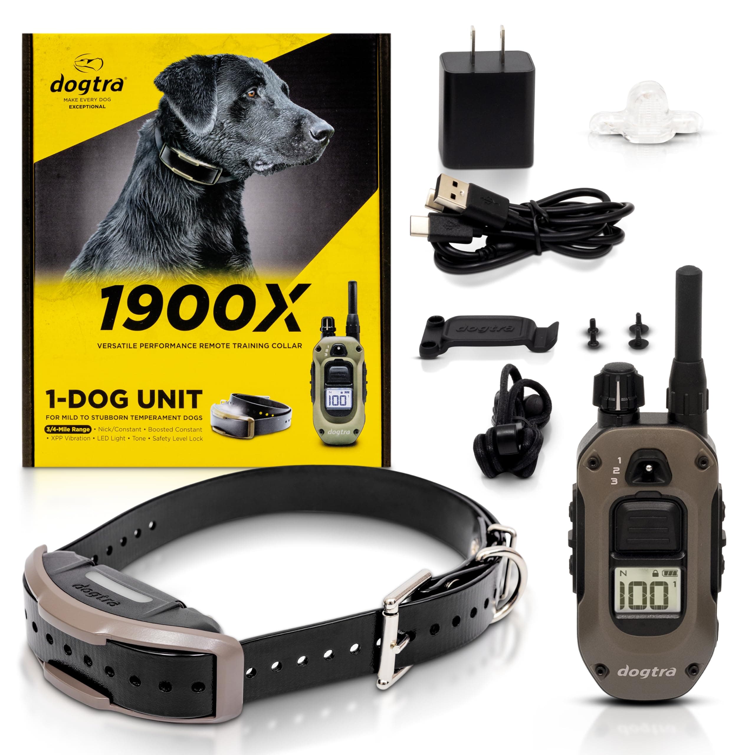 Dogtra 1900X E-Collar with Remote [New Edition] 35 lbs+, 3/4 Mile Range, LED Light, 100 Levels of Precise Control for Stubborn Dogs, Waterproof, Boost for Quick Recall, Vibration, Safety Lock & Tone
