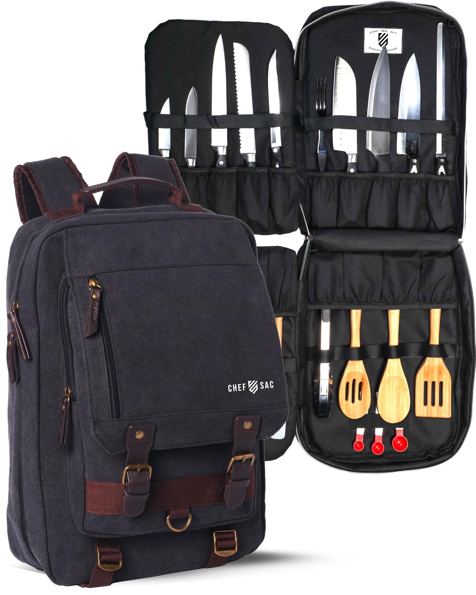 Chef Knife Backpack RETRO - Waxed Canvas Knife Bag for Chefs, Patented Knife Retention Panels and Hook-and-Loop System, 30+ Pockets, Fits 10in Blades (17in Overall), YKK Zippers