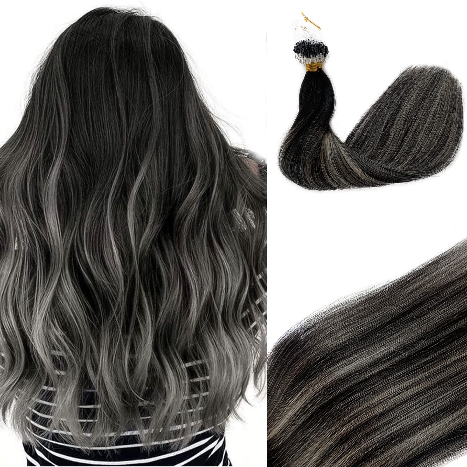 Micro Bead Hair Extensions Balayage Human Hair Micro Extensions Natural Black with Grey Balayage Gold Fusion Microbeads Human Hair Extensions,Ombre Remy Silver Straight Hair 18inch 50g/50s