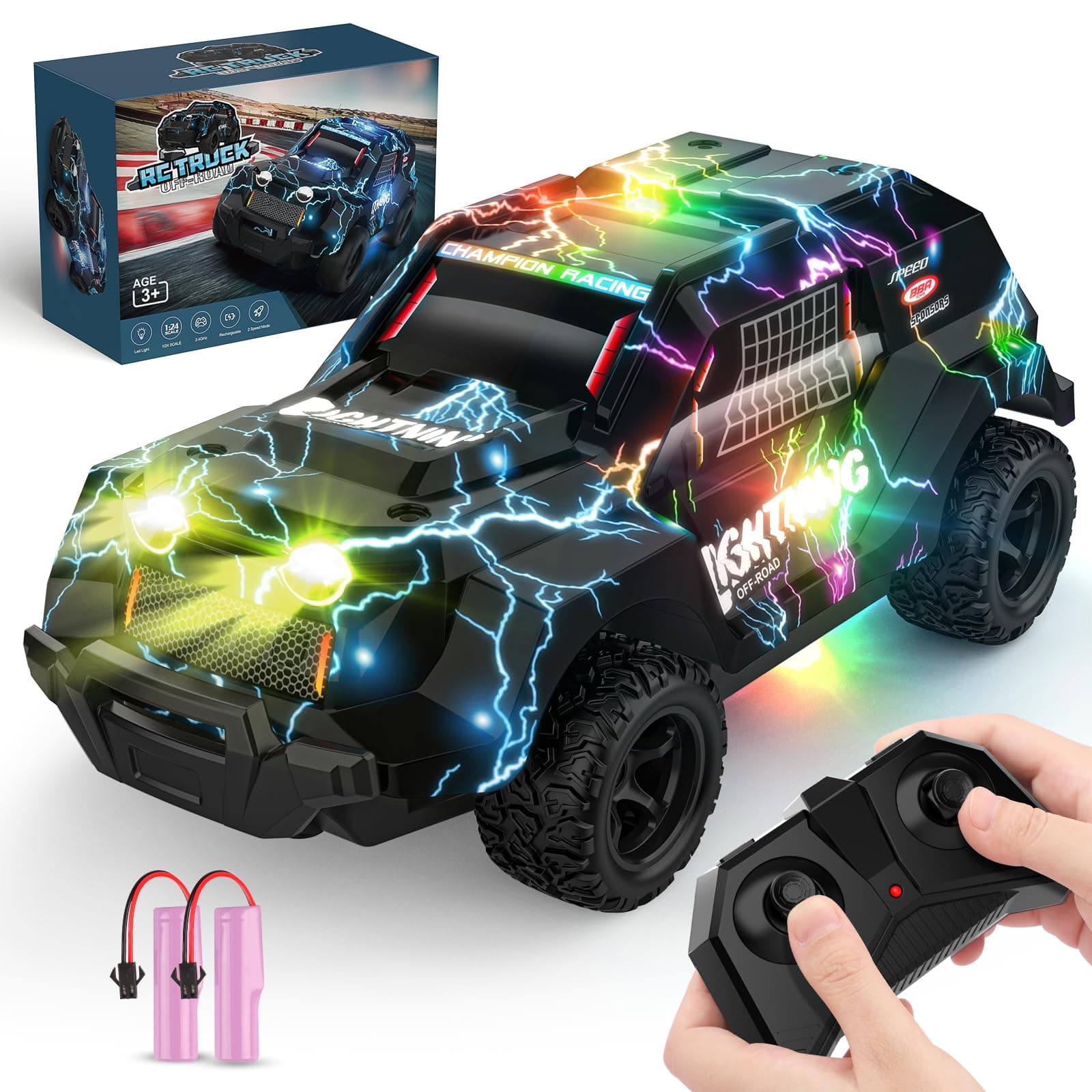 Remote Control Off Road RC Car for Kids - Cool Light Up 1/24 Scale Hobby Truck Race Car Toy Gifts for 3-8 Year Old Boys