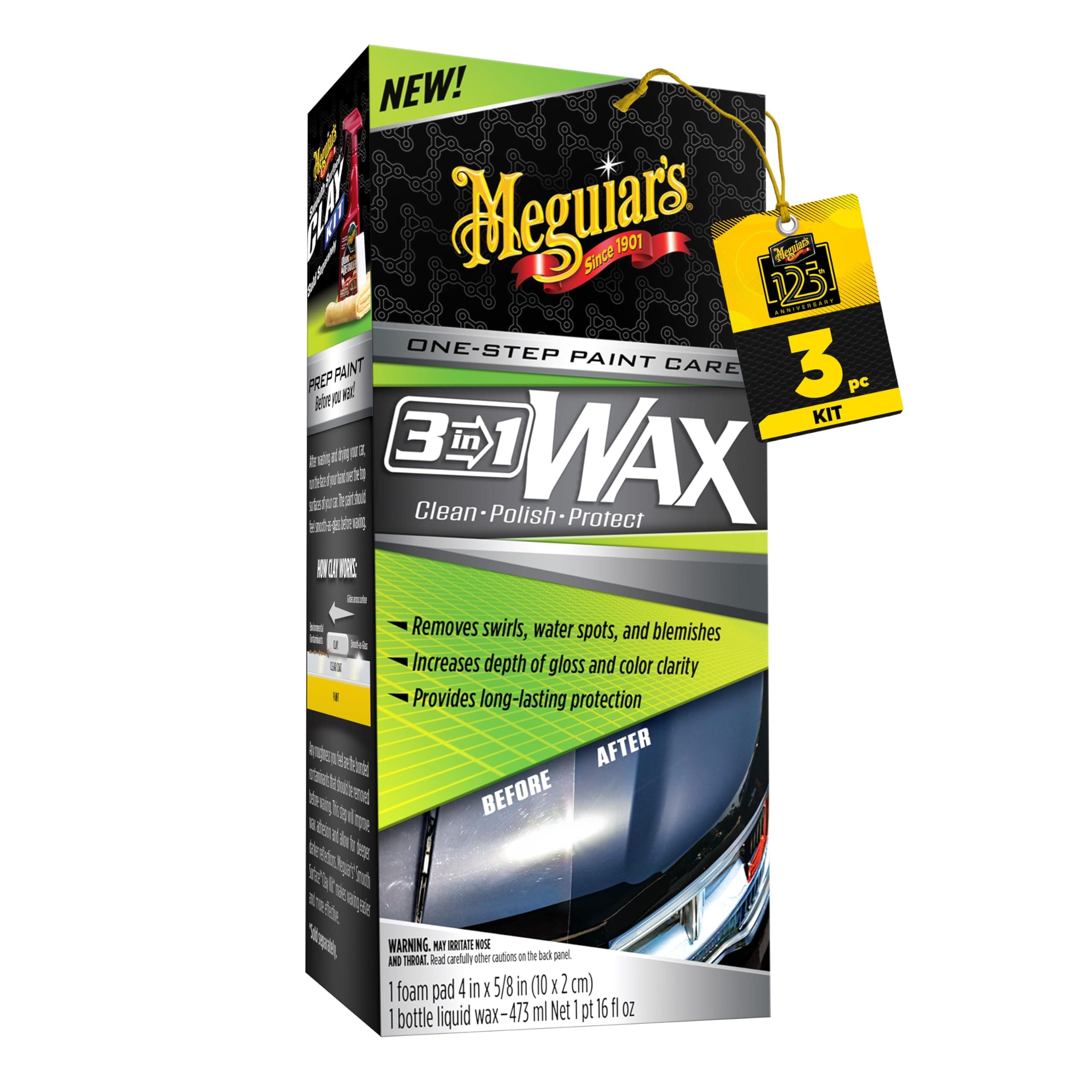 Meguiar's 3-in-1 Wax, Advanced Cleaner Wax that Blends Defect and Scratch Removal with Car Polishing, Keep Your Car Care Simple With an All in One Product, 16 Oz
