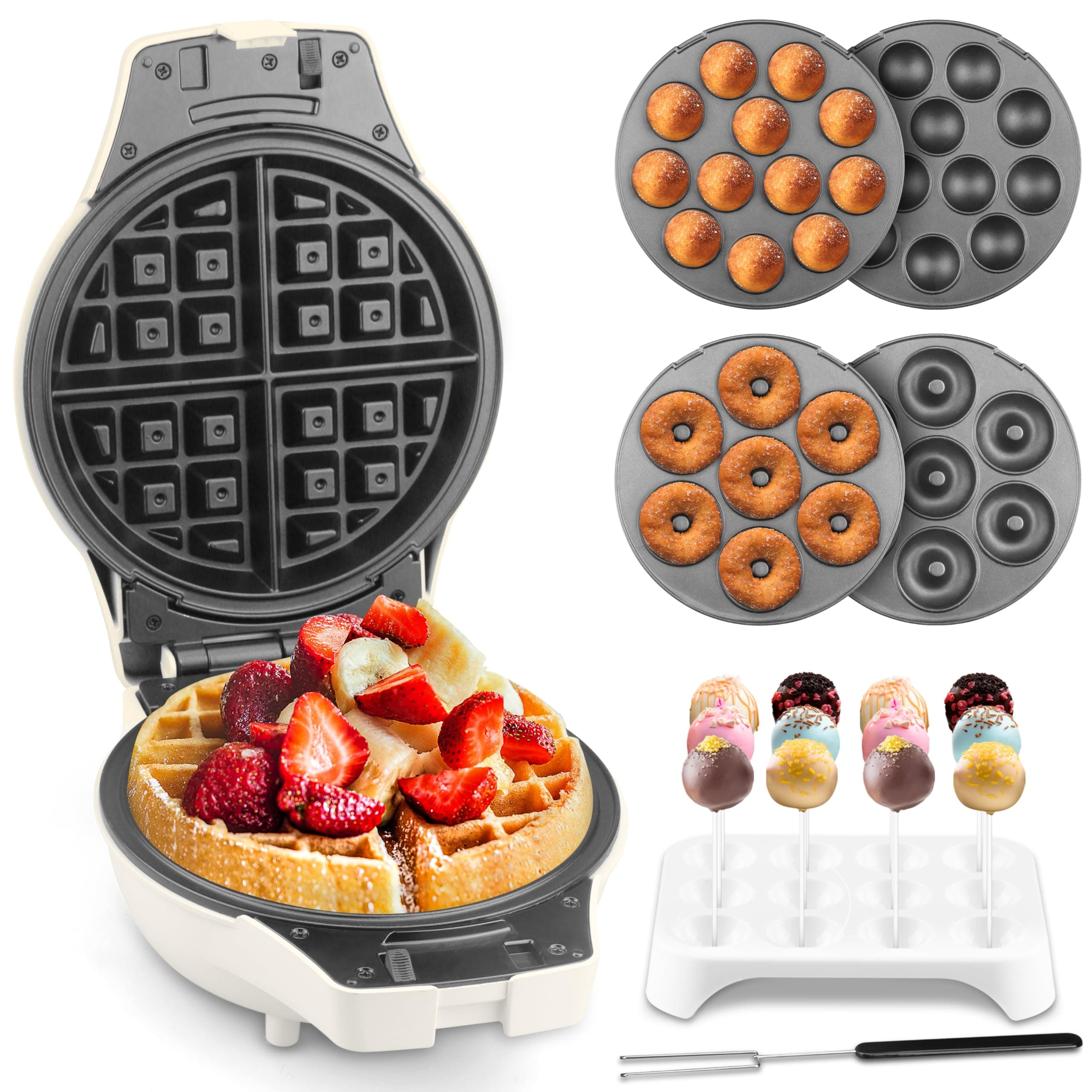 3 in 1 Thick Belgian Waffle Maker with Removable Plates, 8" Non Stick Belgian Waffle Iron Removable Plates, Mini Donut Maker Machine, Cake Pop Maker Machine Set with Tools, White