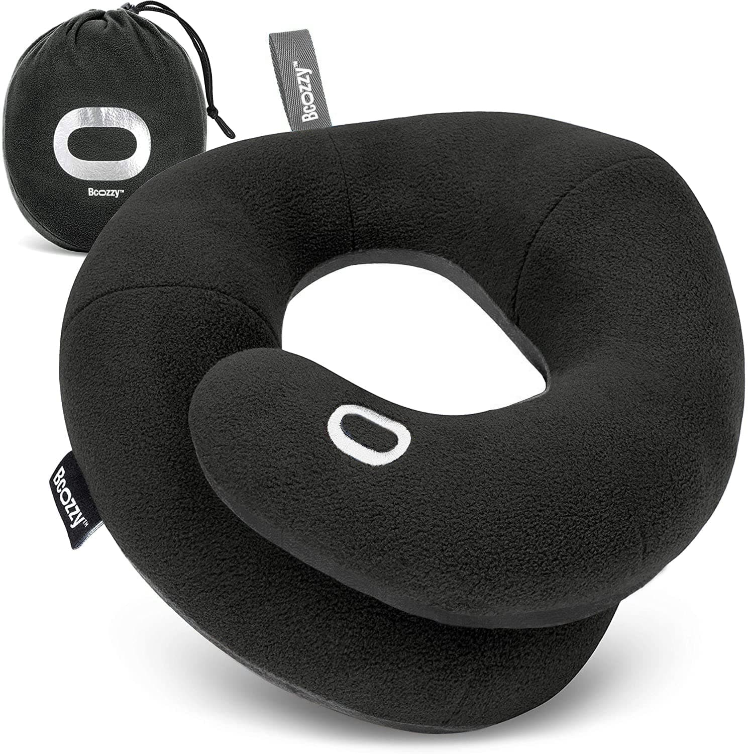 Travel Neck Pillow for Airplane– Patented Double Support for Head, Neck, and Chin. Best for Long Flights, Plane Sleeping, and Car Rides. Adjustable Size. Fully Washable. Carry Bag. Large, Black