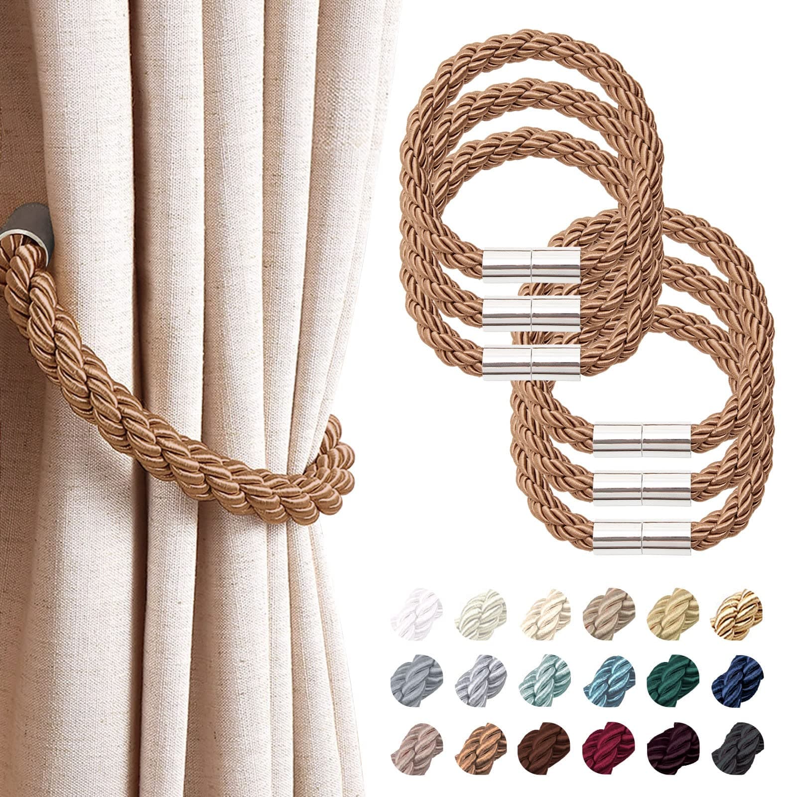 NICEEC 6 Pack Strong Magnetic Curtain Tiebacks Modern Simple Style Drape Tie Backs Convenient Decorative Weave Rope Curtain Holdbacks for Thin or Thick Home & Office Window Draperies (Light Coffee)