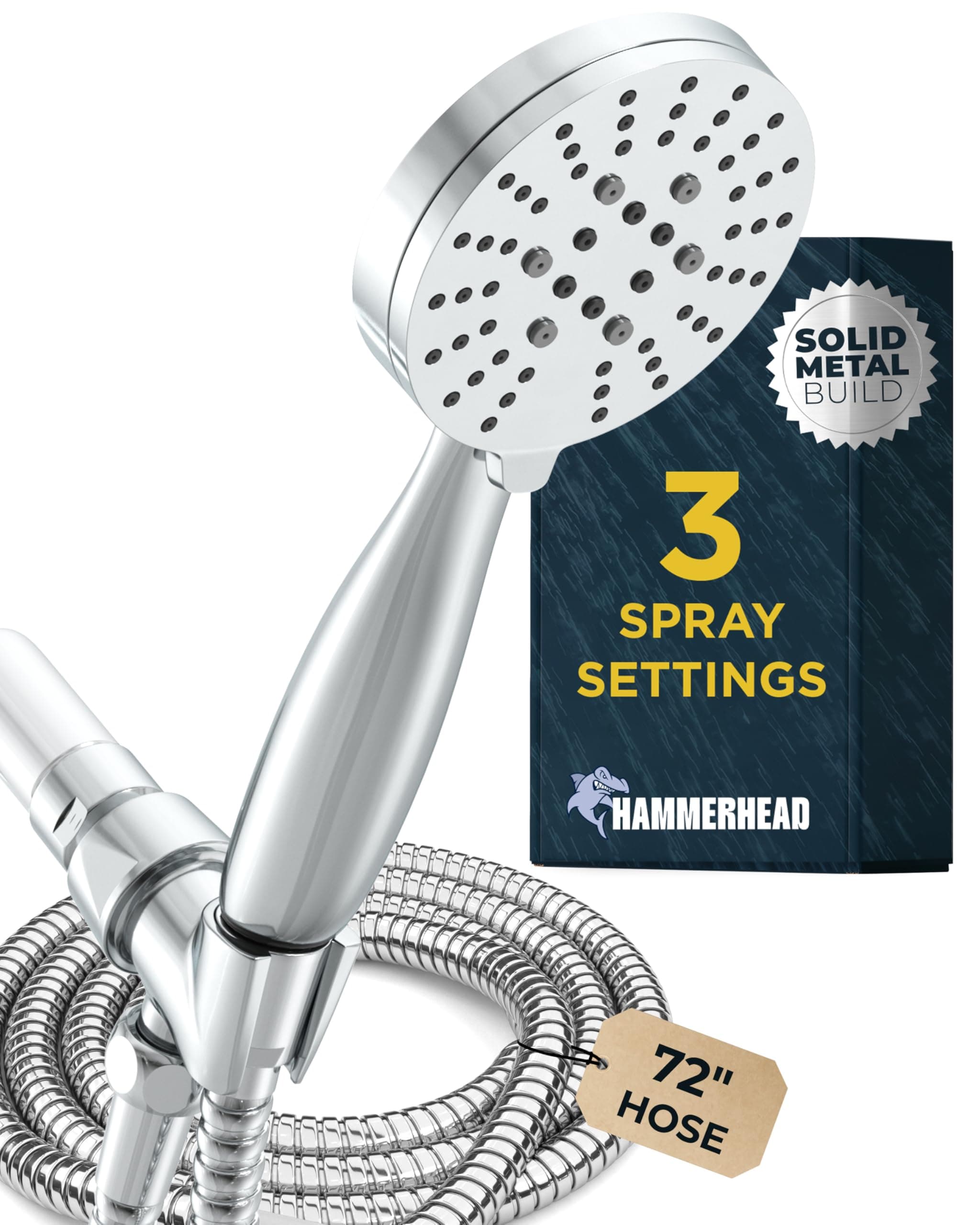 - Solid Metal 3-Spray Handheld Shower Head with Long Hose and Holder - CHROME - 2.5 GPM High Pressure Shower Head with Handheld Sprayer - WIDE, MASSAGE, and MIST Sprays