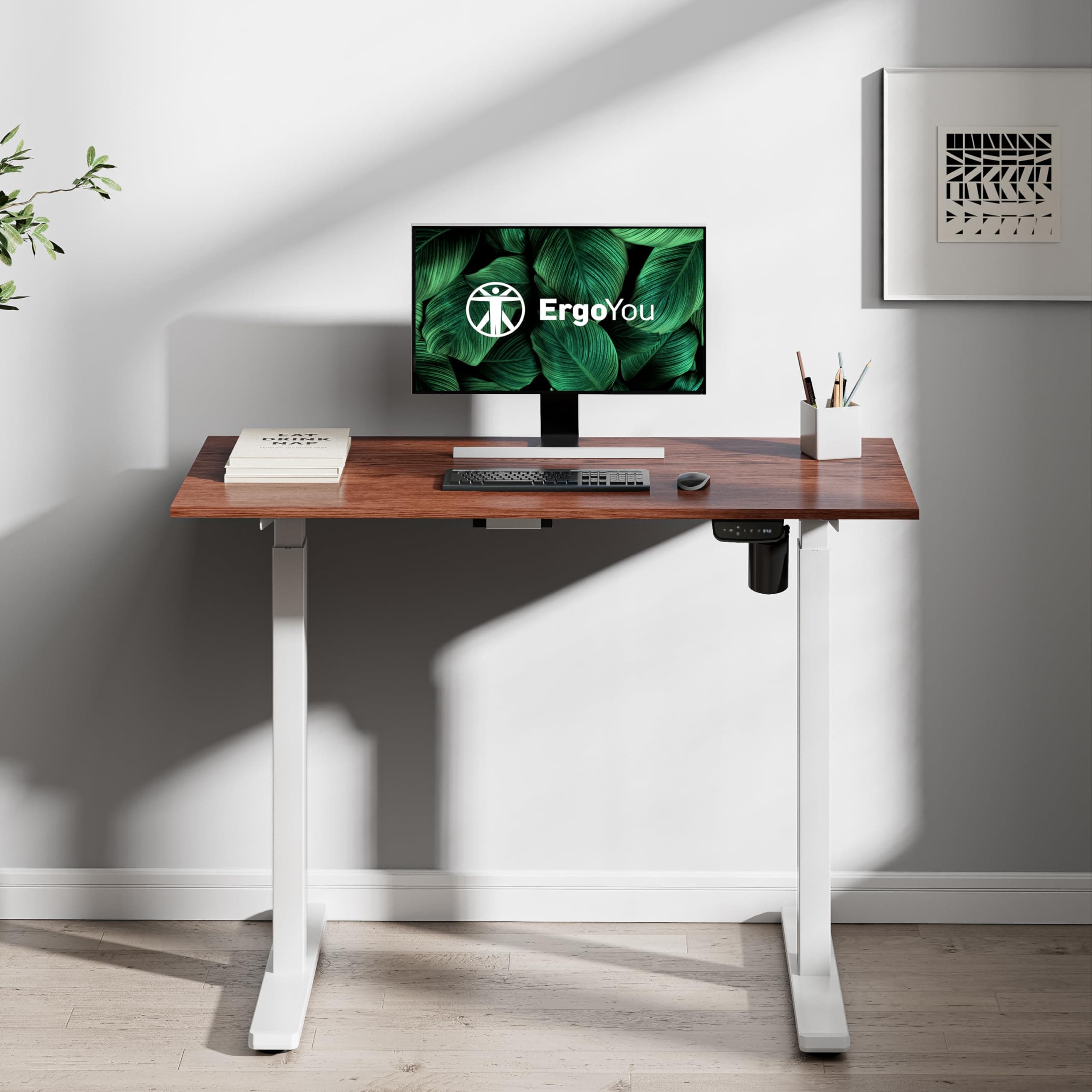 Electric Height Adjustable Table Motorized Ergonomic Sit Stand Computer Desk - 90 Kgs Max Weight Capacity - SM3 Series - 59 x 29.5 inches - Walnut Laminate Table Top