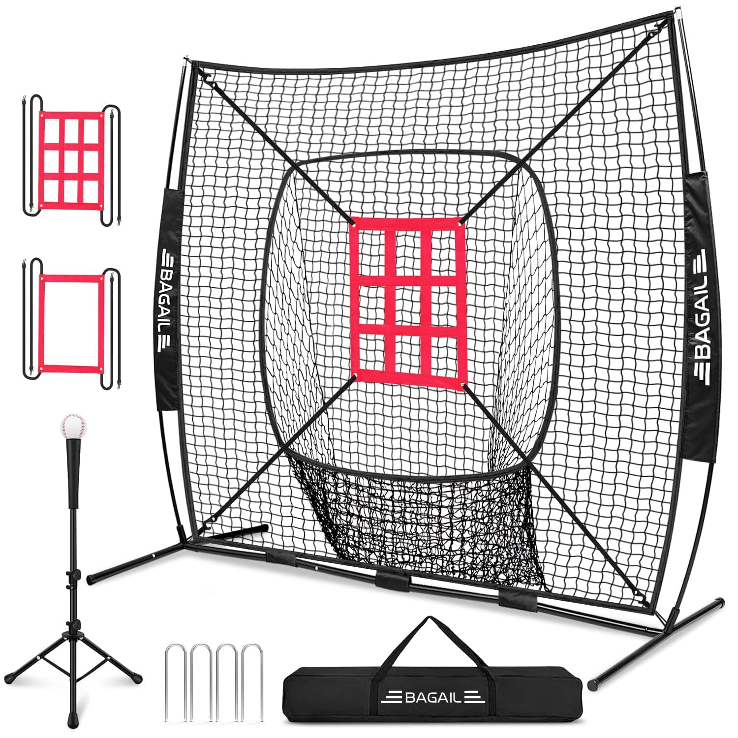 BAGAIL 7x7 ft Extra Large Baseball & Softball Training Net with Batting Tee, Heavy Duty Reinforced Steel Frame, Oversized Hitting Zone for All Levels, Portable Backstop with Carry Bag
