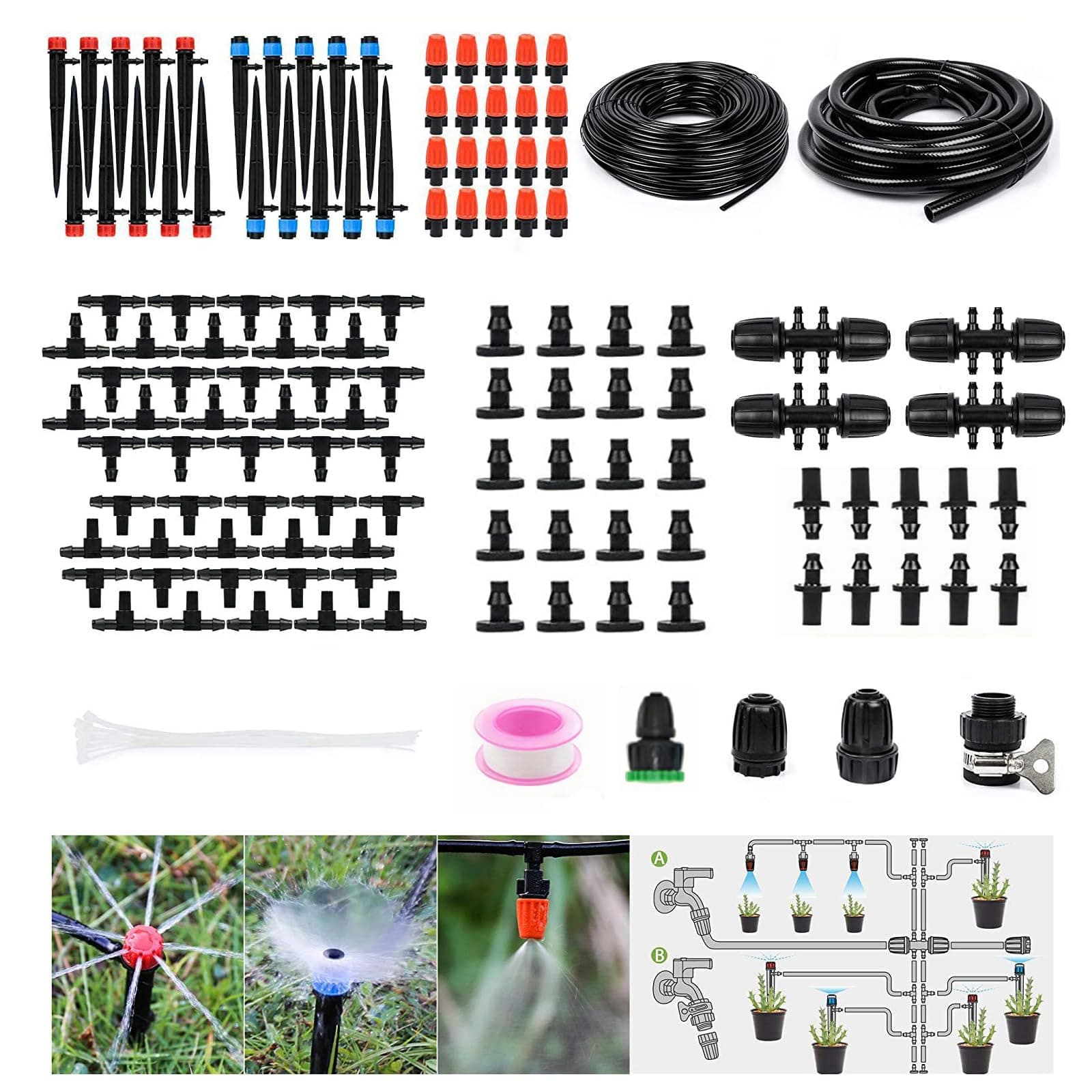 240FT Drip Irrigation System Kit, Garden Watering System with 1/2 Inch Hose 1/4 Inch Distribution Tubing Nozzle Emitters and Accessories, Adjustable Irrigation System for Greenhouse, Yard, Lawn