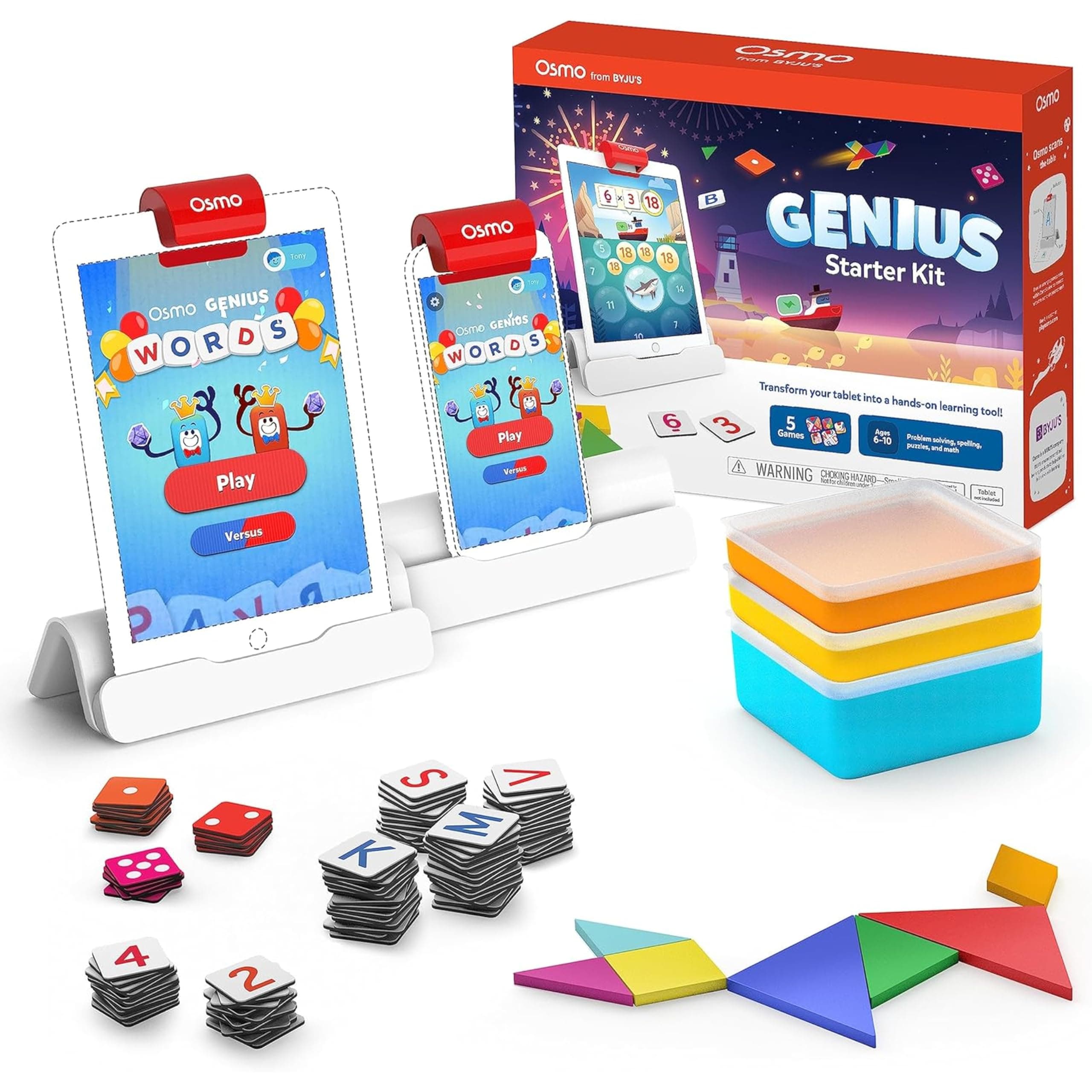 Osmo - Genius Starter Kit for iPad - 5 Educational Learning Games - Ages 6-10 - Math, Spelling, Creativity & More - STEM Toy Gifts for Kids, Boy & Girl - Ages 6 7 8 9 10 Base Included (5 Games, iPad)