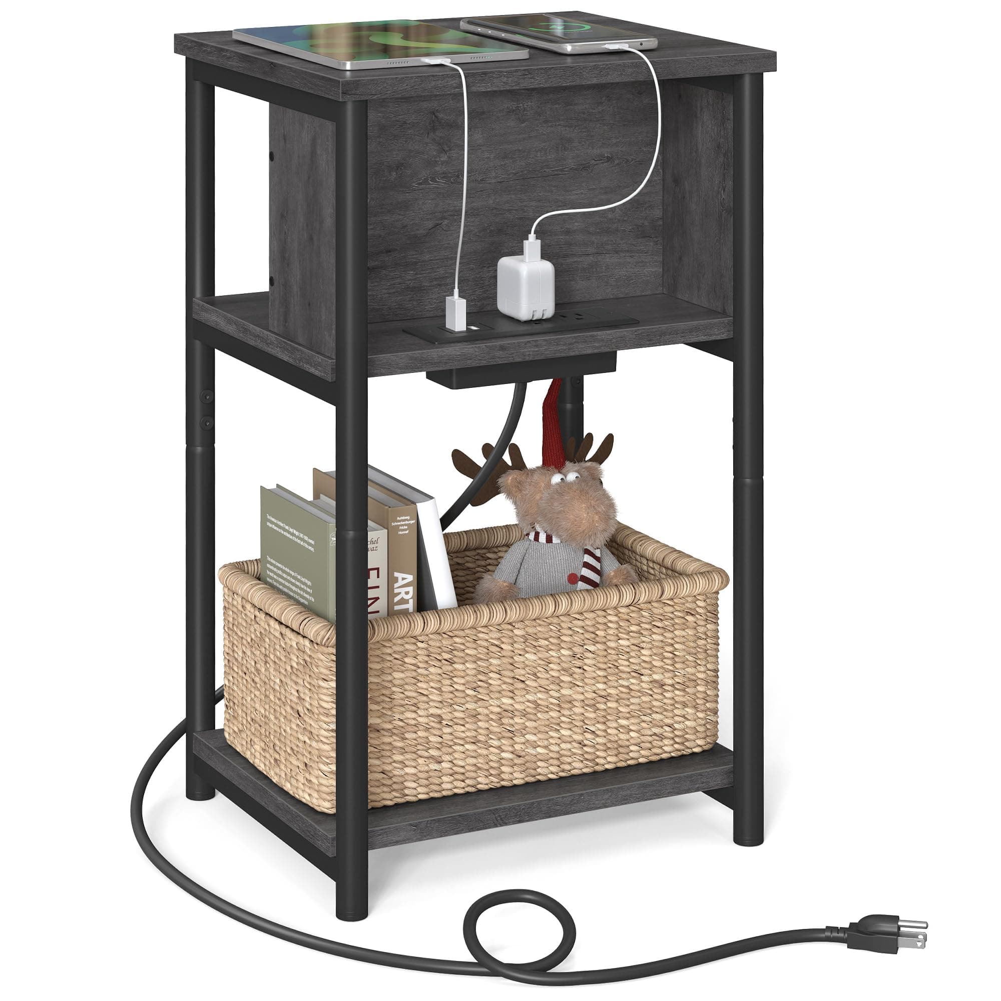 VASAGLE Side Table with Charging Station, 3-Tier End Table with USB Ports and Outlets, Nightstand for Living Room, Bedroom, 11.8 x 13.4 x 22.8 Inches, Plug-in Series, Misty Gray and Black