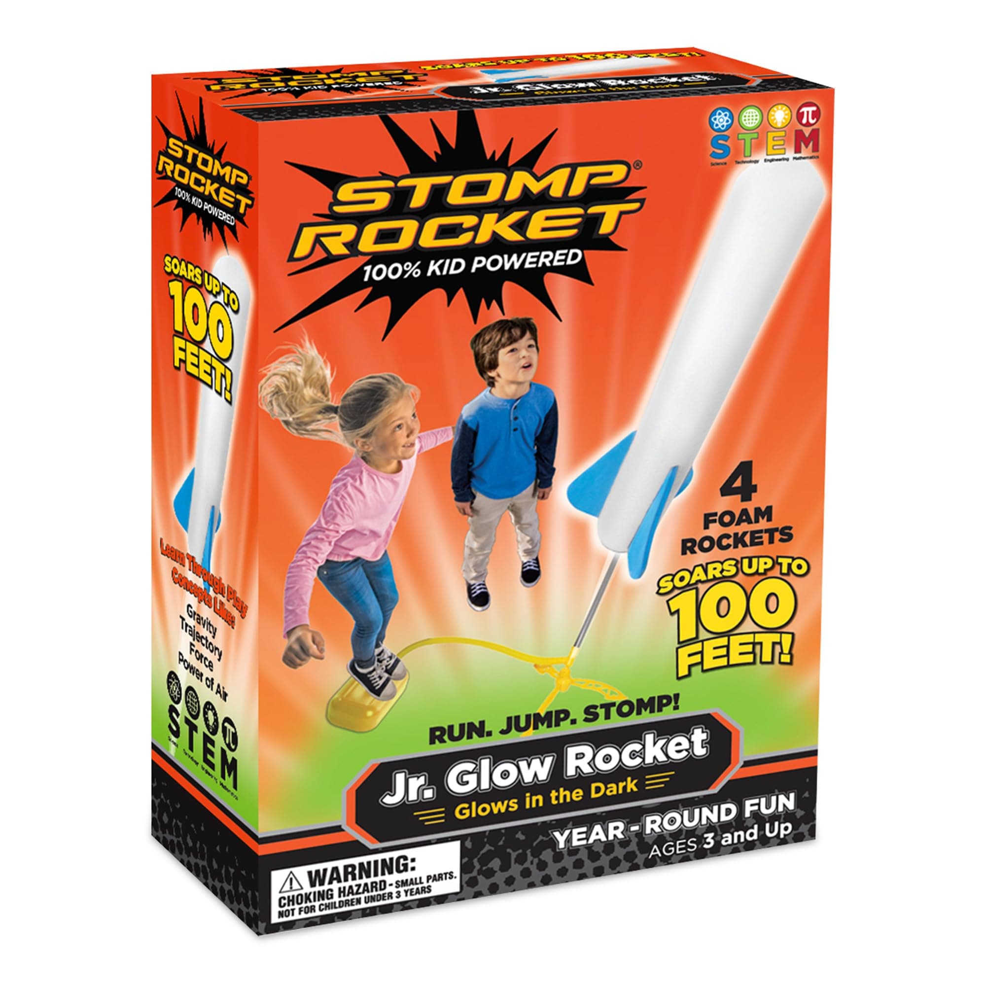 Stomp Rocket Jr Glow Rocket Launcher for Kids - 4 Glow-in-The-Dark Rockets - Outdoor Fun Toy Gift for Boys & Girls - STEM Soft Foam Blaster Set Soars Up to 100 Feet - Ages 3 & Up