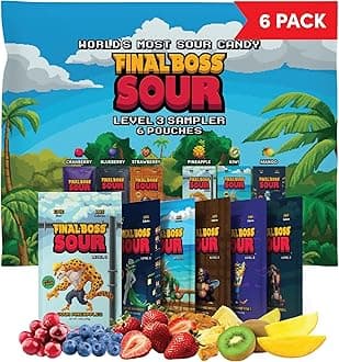 Final Boss Sour Candy, Variety Pack, 6 Packs, Level 3, Extreme Sour Fruit Chews with Real Dried Fruit, No Artificial Colors or Flavors, Low Calorie Snack for Kids, Teens & Adults