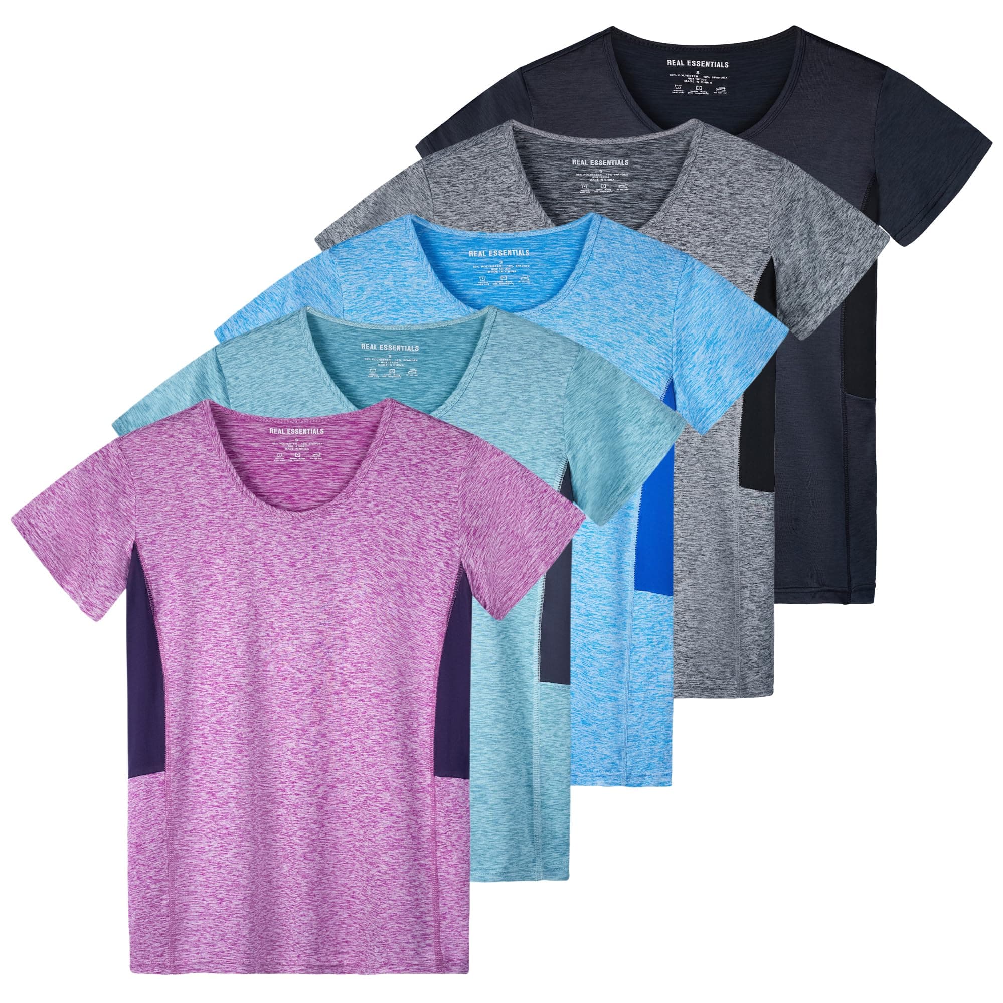 Real Essentials5 Pack: Women's Dry Fit Tech Stretch Short-Sleeve Crew Neck Athletic T-Shirt (Available in Plus Size)