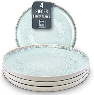 Stoneware Dinner Plates Set of 4, Modern Style Stoneware , 10.2" Ceramic Plates With Lipped Edges, Dishwasher, Microwave Safe Dinner Plates, Stoneware Plates, Kitchen Plates Beige Blue