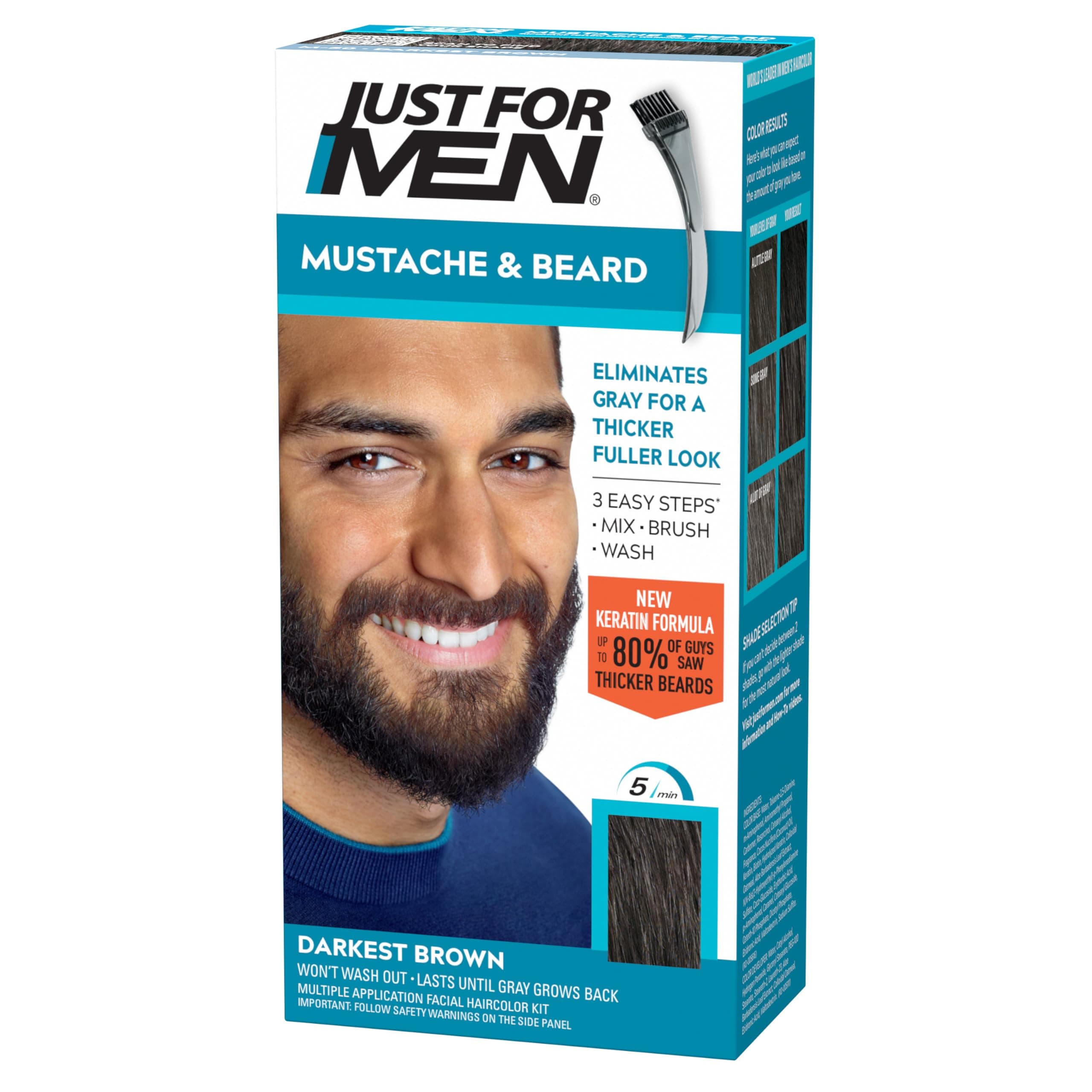 Mustache & Beard, multiple uses Beard Coloring for Gray Hair, Brush Included, With Keratin Biotin Aloe and Coconut Oil for Healthy Facial Hair - Darkest Brown, M-50 (Packaging May Vary)