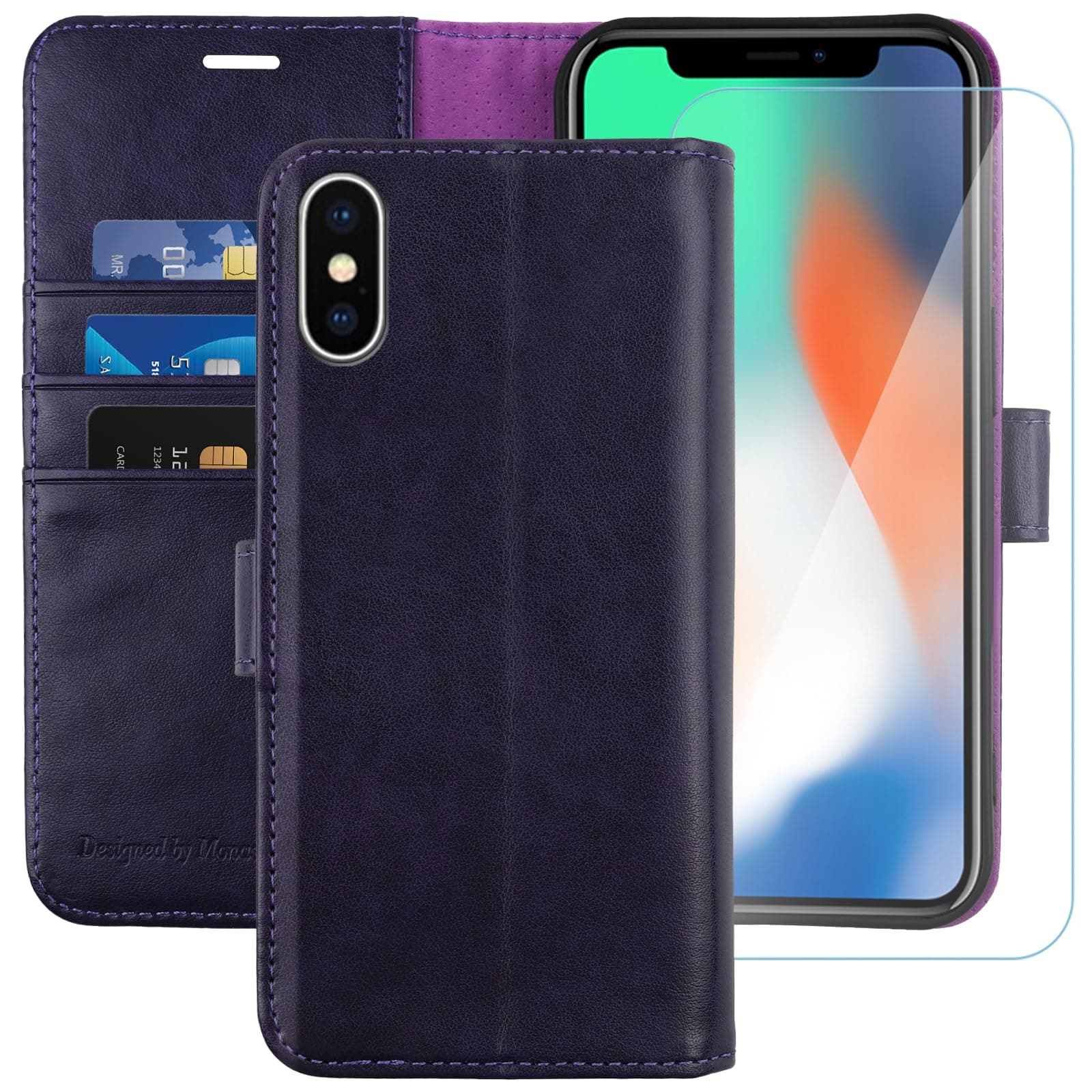 MONASAY Wallet Case Compatible for iPhone X/iPhone Xs, 5.8-inch, [Glass Screen Protector Included] [RFID Blocking] Flip Folio Leather Cell Phone Cover with Credit Card Holder,Purple