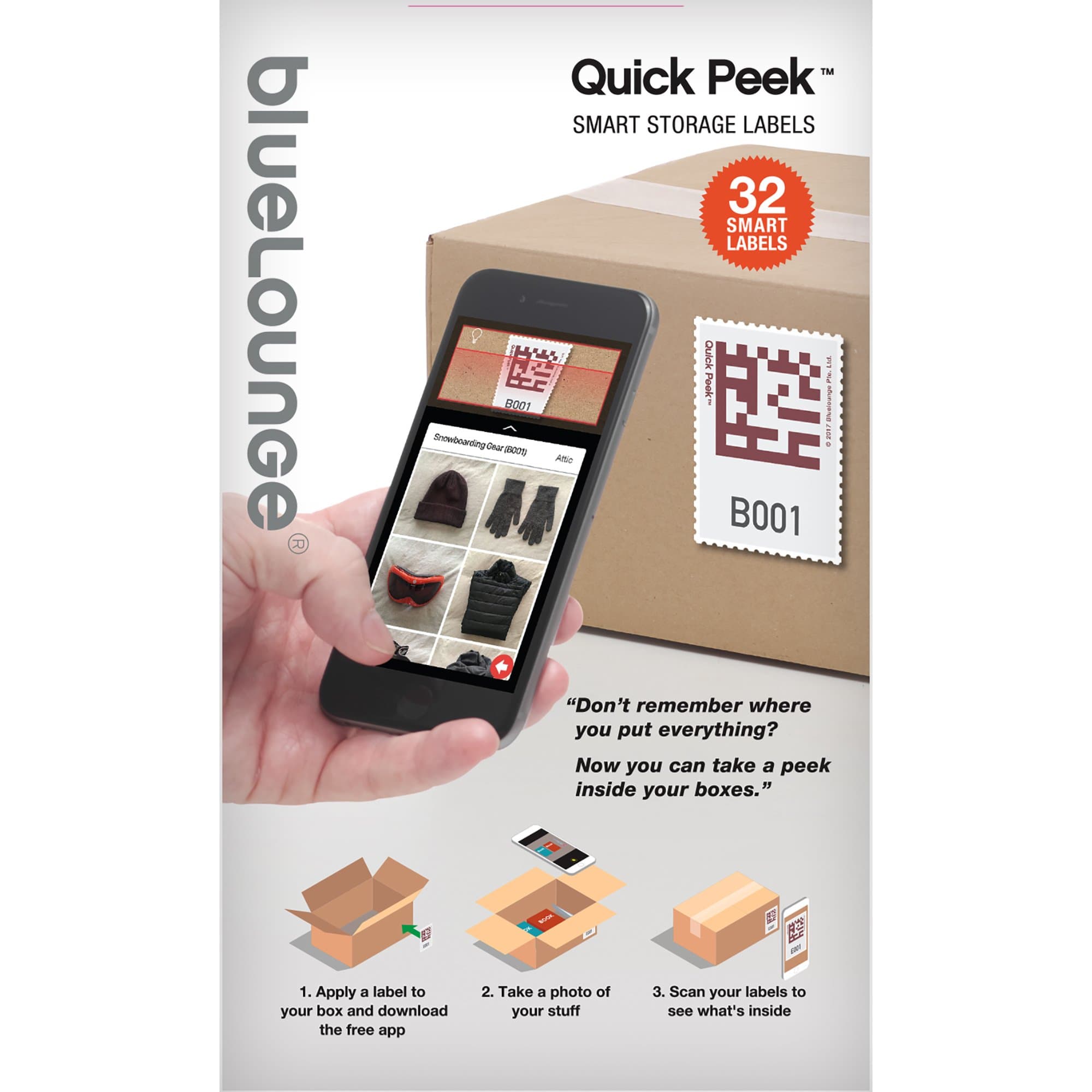 [Quick Peek] Storage Containers Smart Label System / Like Having X-Ray Vision for Your Storage Bins - iPhone App plus Stickers for Moving, Shoe Boxes - Organize for Office, Home, Business - 32 Labels