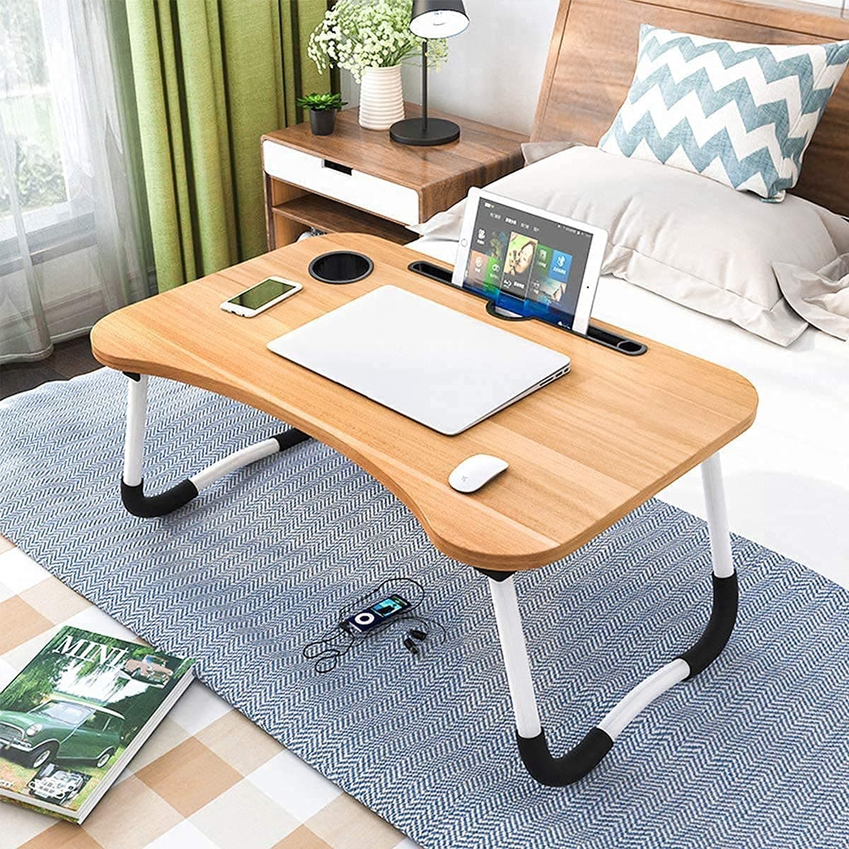 CREAT Foldable Bed Study Table Portable Multifunction Laptop Table Lapdesk for Children Bed Foldabe Table Work Office Home with Tablet Slot & Cup Holder Bed Study Table(Wood)
