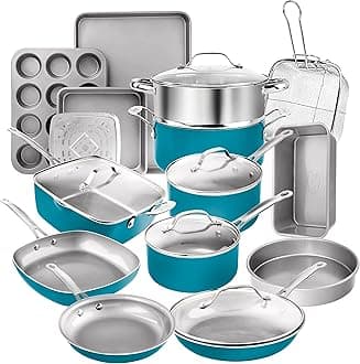 7528 Pots and Pans Aqua 20 Piece Pots & Pans, Nonstick Ceramic Cookware + Bakeware Sets – Skillets, Stockpots, Cookie Sheets and More, 100% PFOA Free, Aluminum, Ocean Blue