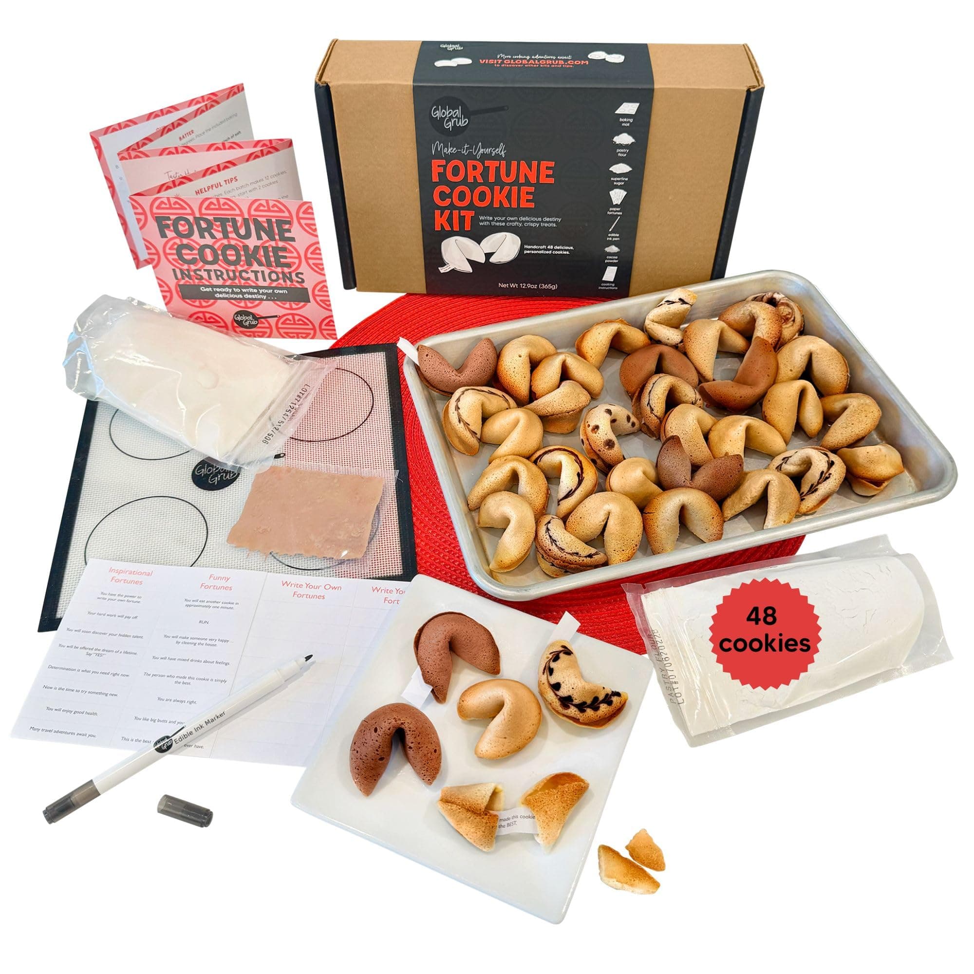 Global Grub DIY Fortune Cookie Kit | Makes 48 | Includes Flour, Sugar, Cocoa Powder, Baking Mat, Paper Fortunes, Edible Ink Pen, Detailed Instructions