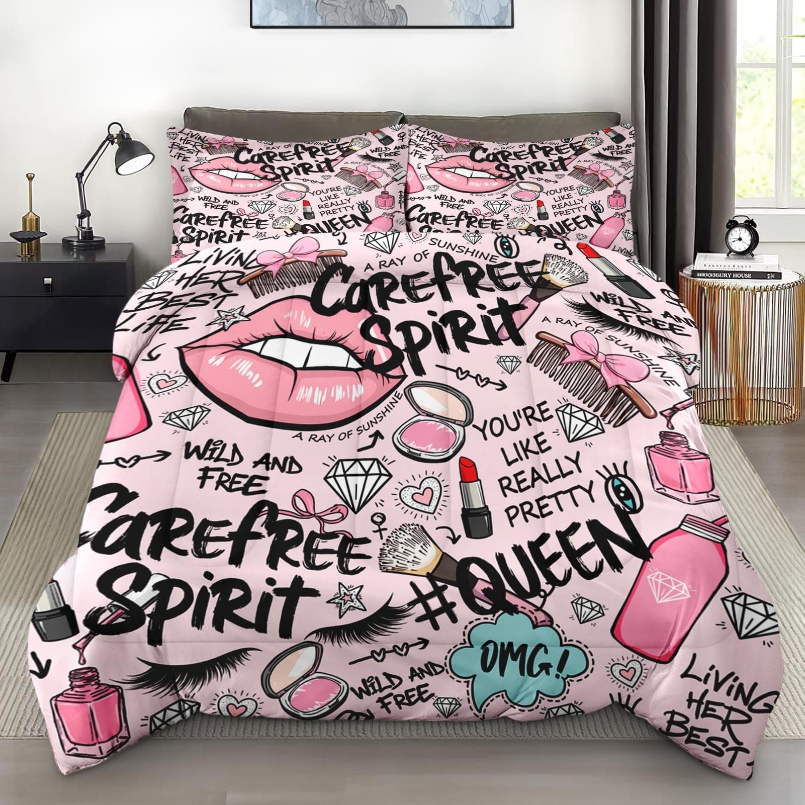 Comforter Set Full Size, Makeup Pink Queen Soft 3 Pcs Bedding for Kids and Adults, Women Diamond Cute Comforter Set with Pillowcase, for Bedroom Bed Decor