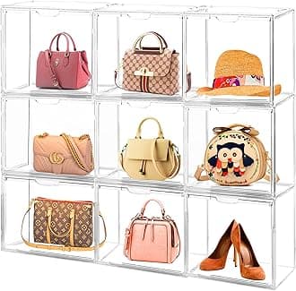 15Pack Purse Organizer for Closet Clear Acrylic Display Case Handbag Storage Organizer Box with Magnetic Door Stackable Storage Bins with Dustproof Lid for Book Toys Shoes Cosmetic Collectibles