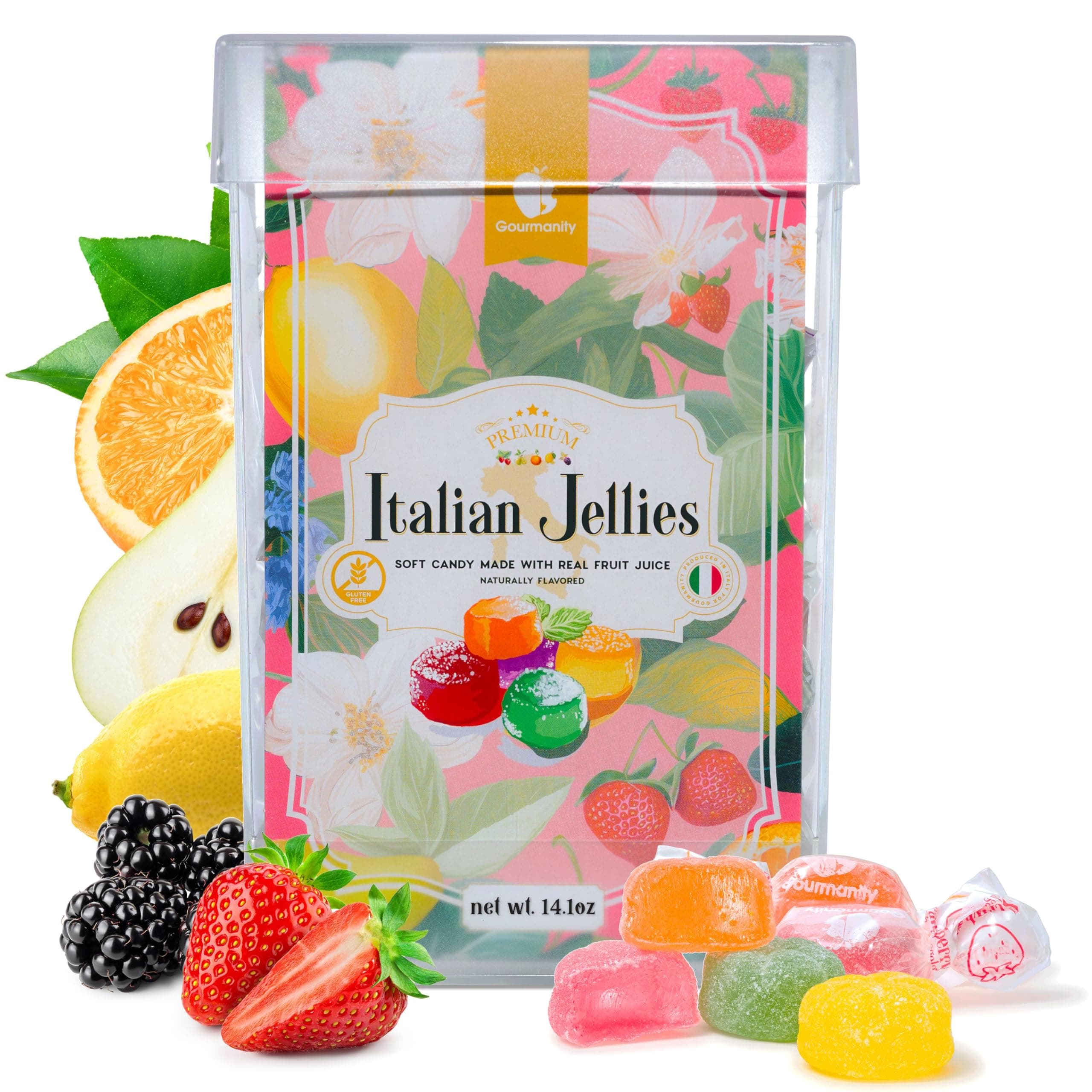 Gourmanity Italian Jelly Fruit Candy With Real Fruit Juice, Soft Bite Authentic Italian Candy, Individually Wrapped Gourmet Candy, In a Giftable 14.1oz Box