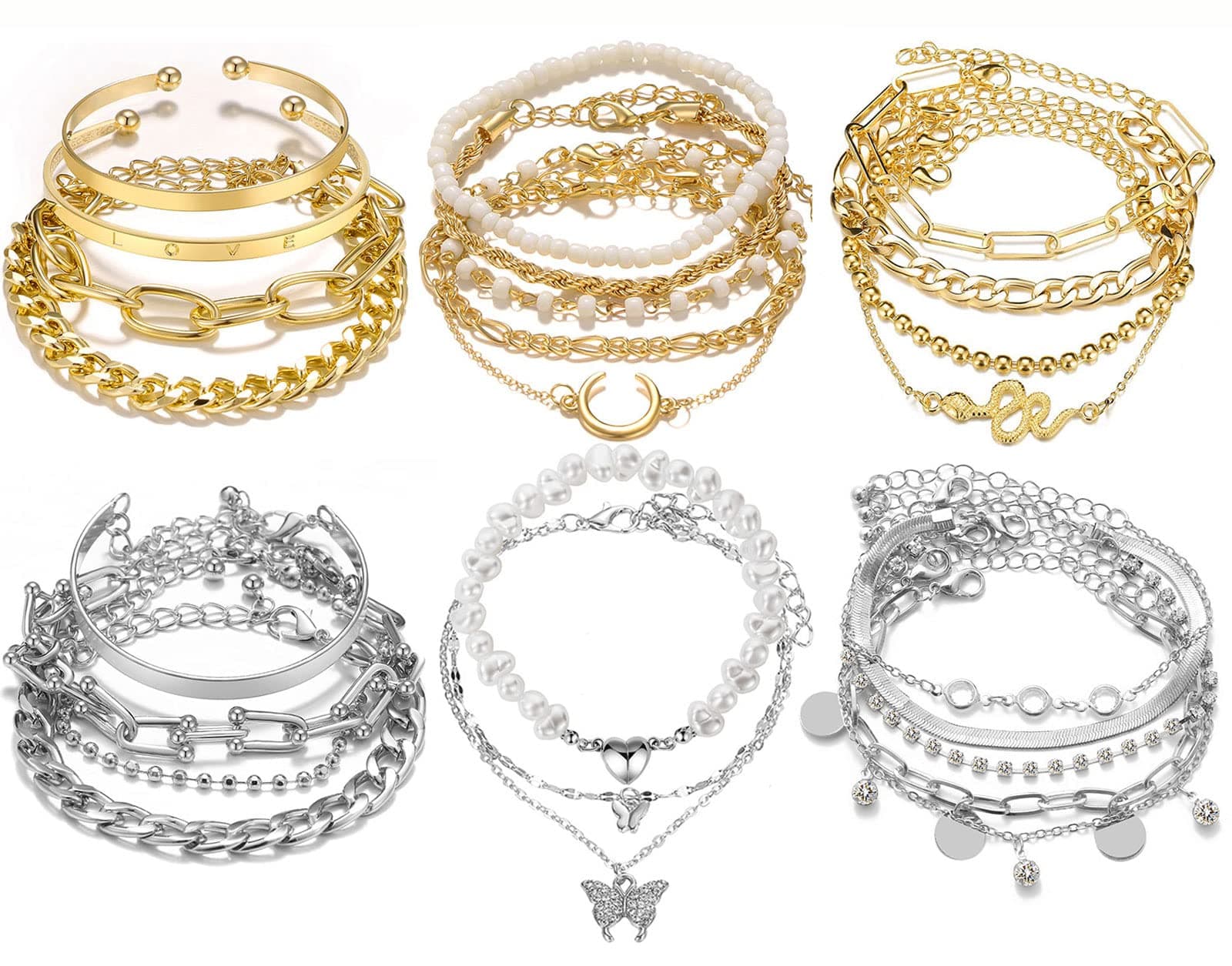 18-25 PCS(6 Pack) Boho Gold Bracelets Set for Women Stackable Chunky Dainty Bangles Adjustable Chain Flat Cuff Cuban Punk Charm Bundle Jewelry