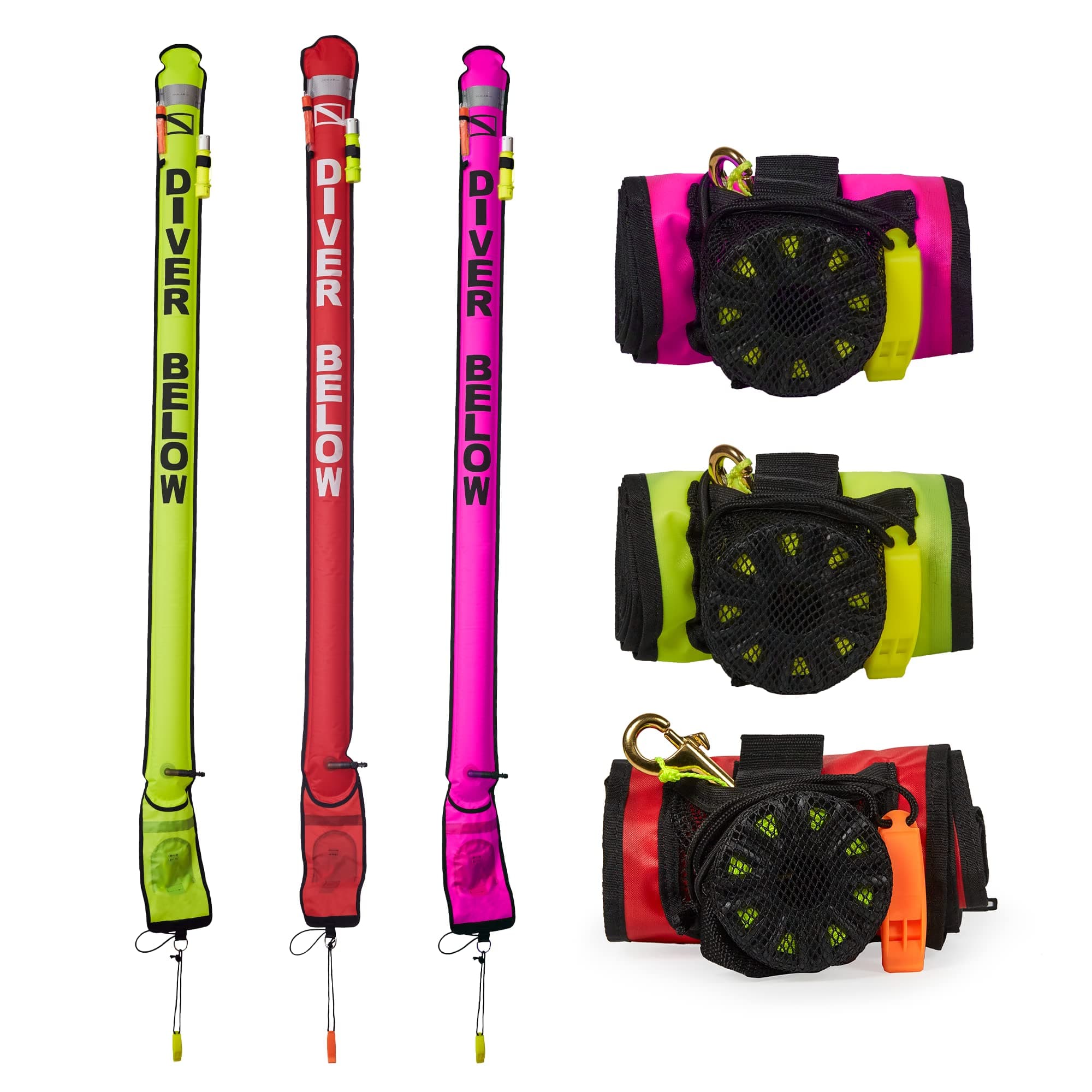 DiveSafe Surface Marker Buoy – 7ft Closed Bottom with High Visibility Reflective Band, Strobe Light and Flashlight Holder, 100ft ABS Finger Reel and Whistle