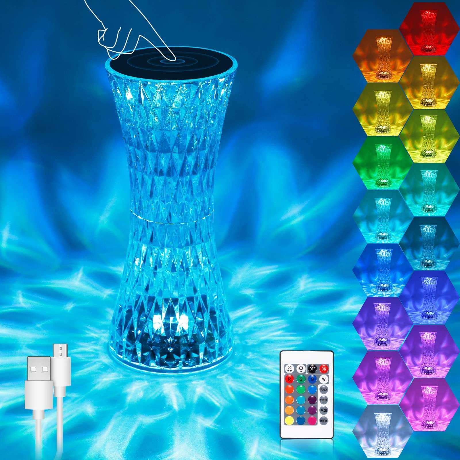 Excefore Touch-Controlled Crystal Table Lamp - 16 RGB Colors & 4 Modes, USB Rechargeable, Perfect for Bedroom, Living Room, Party, and More! Lamp, Touch Remote Control Acrylic Rose Diamond Lamps