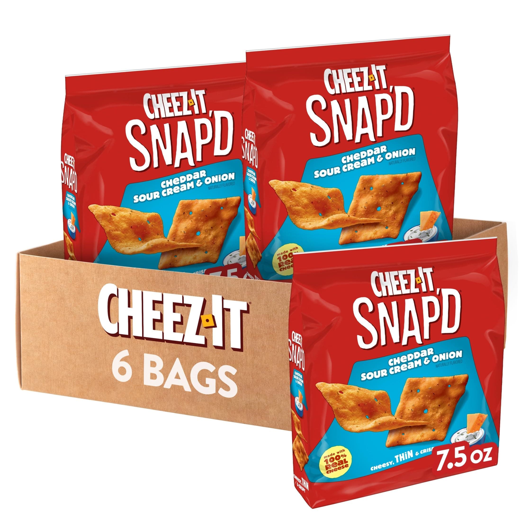 Snap'd Cheese Cracker Chips, Thin Crisps, Lunch Snacks, Cheddar Sour Cream and Onion, 45oz Case (6 Bags)