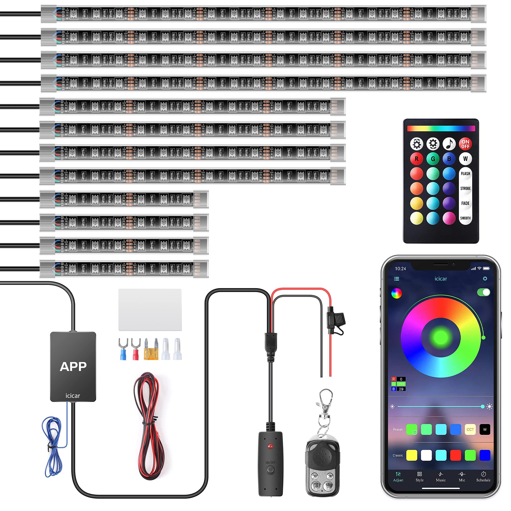 12PCS Motorcycle LED Underglow Kit, icicar App Control Music Sync Brake Feature IP68 Waterproof Dual Remote Motorcycle Lights for UTV ATV Golf Cart