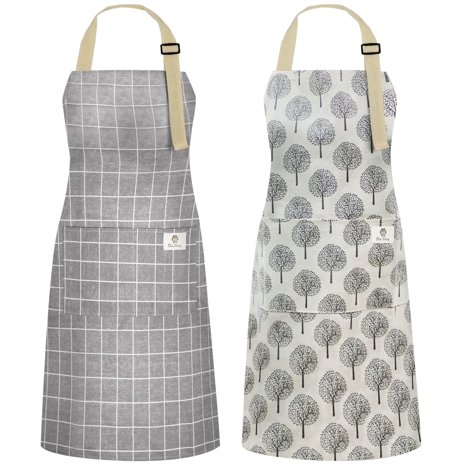 2 Pack Waterproof Cooking Aprons, Adjustable Bib Soft Chef Apron with 2 Pockets for Men Women (Gray Stripe/Gray Trees)