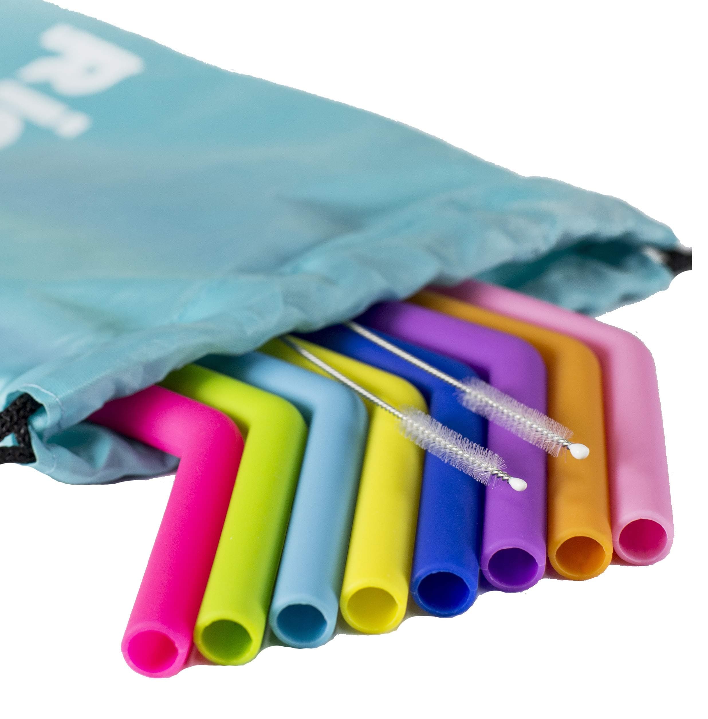 RIGON Reusable long silicone drinking straws for 30 or 20 oz tumbler. 8 pieces multi colors with 2 cleaning brushes plus 1 storage pouch. For Yeti / Rtic / Ozark. Food grade silicone BPA free.