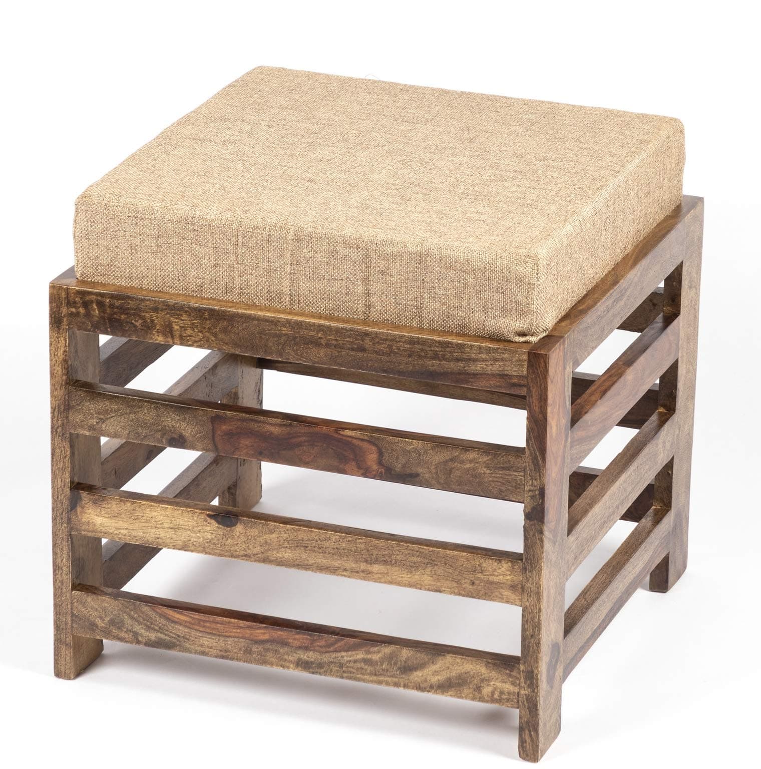 Ikiriya 100% Solid Sheesham Wood Stool with Cushion - Teak Finish ; Beige Jute