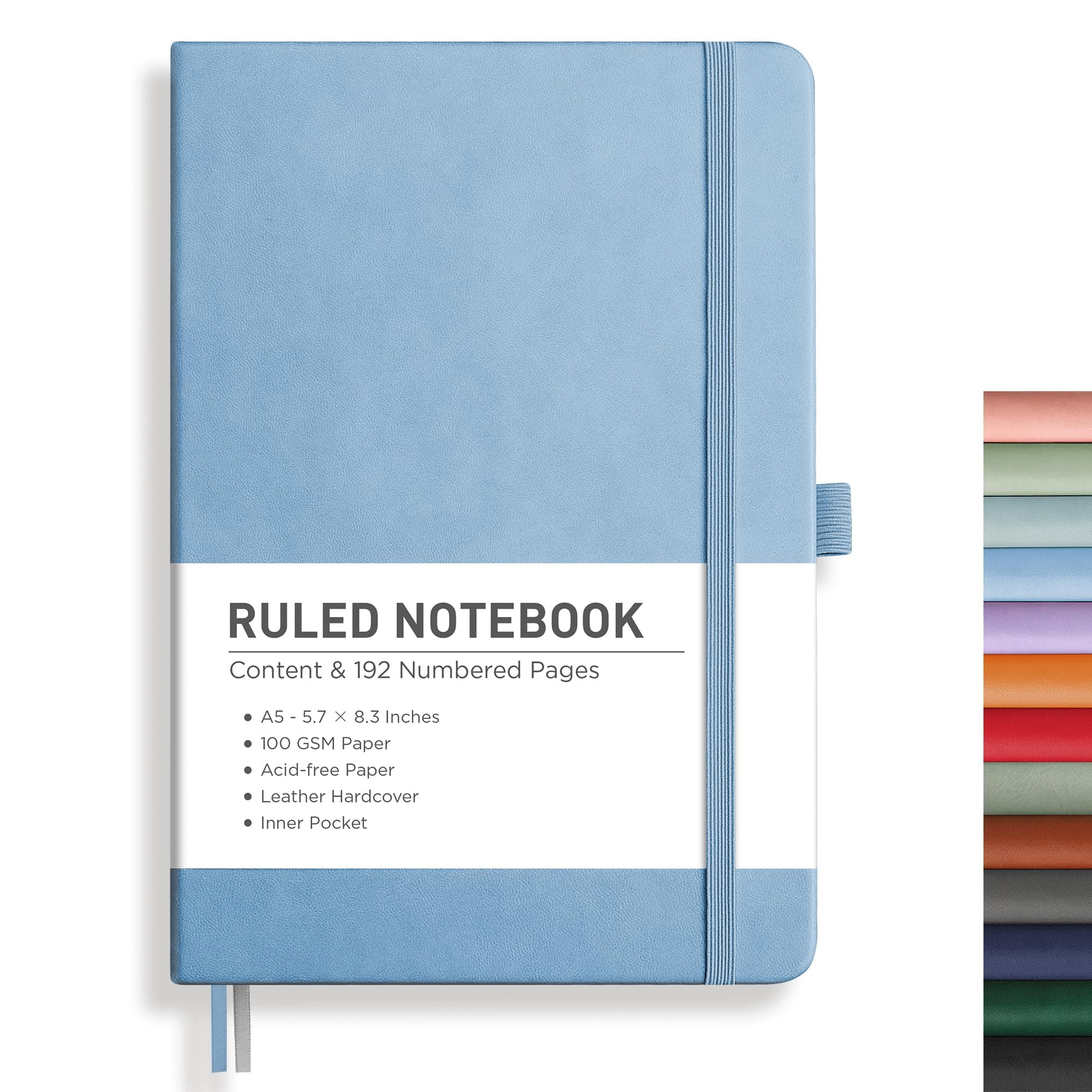 RETTACY Lined Journal Notebook, 192 Numbered Pages, A5 Medium Size (5.7'' x 8.3''), for Men & Women, Journaling, Writing, Work & Office, Leather Hardcover, 100 GSM Thick Paper (Light Blue)